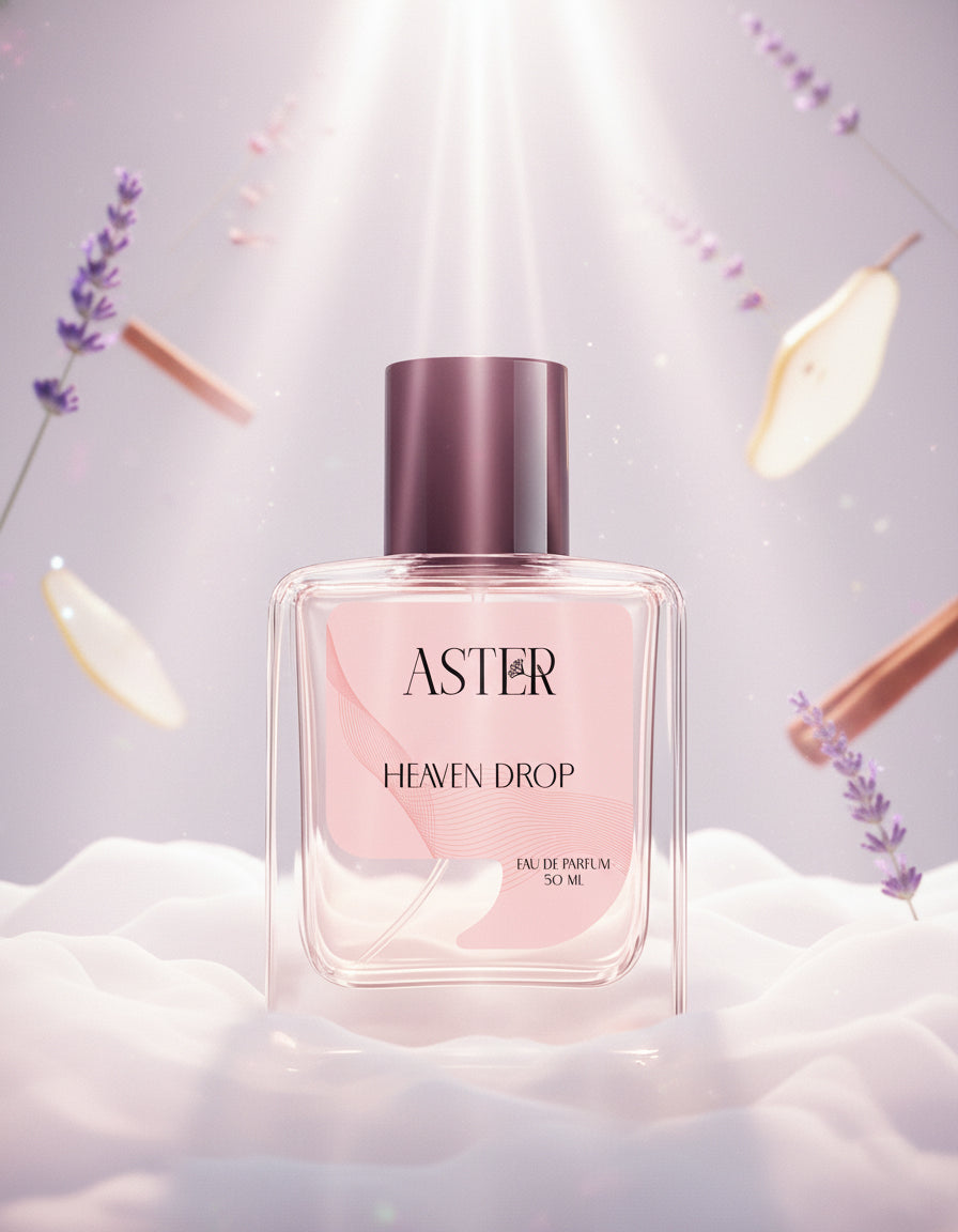 Perfume bottle labeled 'Aster Heaven Drop' with lavender flowers in the background