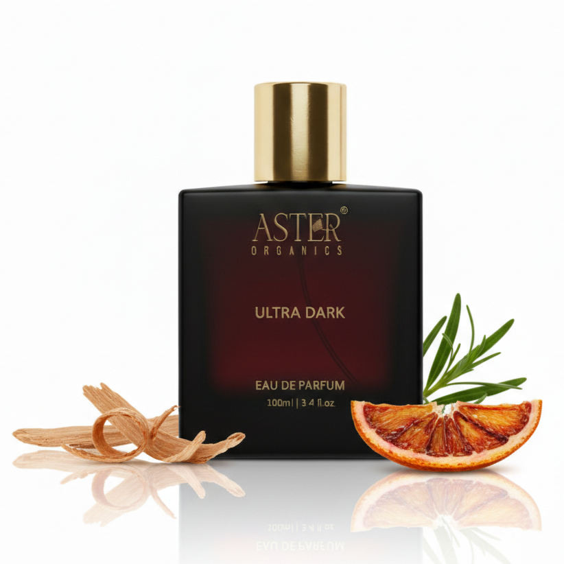 Aster Organics Ultra Dark eau de parfum bottle with decorative elements on a white background