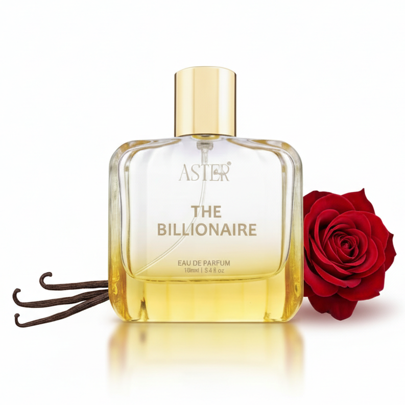 Perfume bottle labeled 'The Billionaire' with a red rose and vanilla bean on a white background
