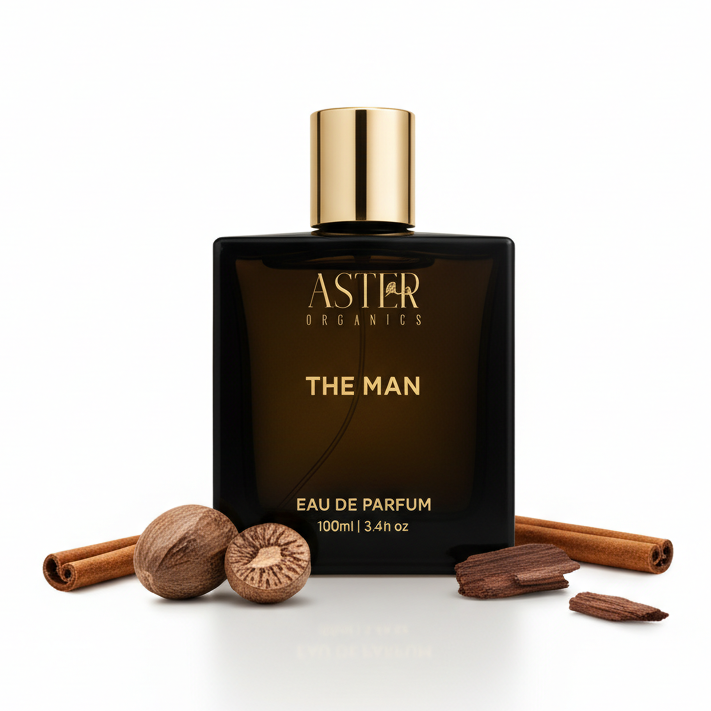 Aster Organics 'The Man' eau de parfum bottle with cinnamon sticks on a white background