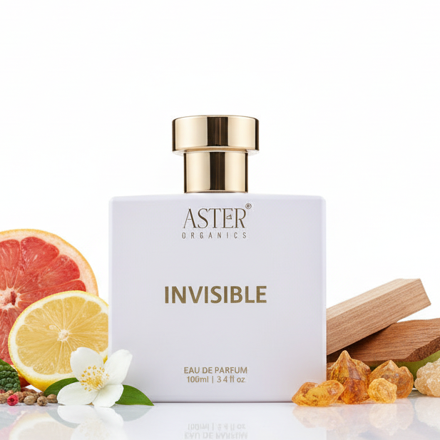 Aster Invisible perfume bottle with ingredients on a white background