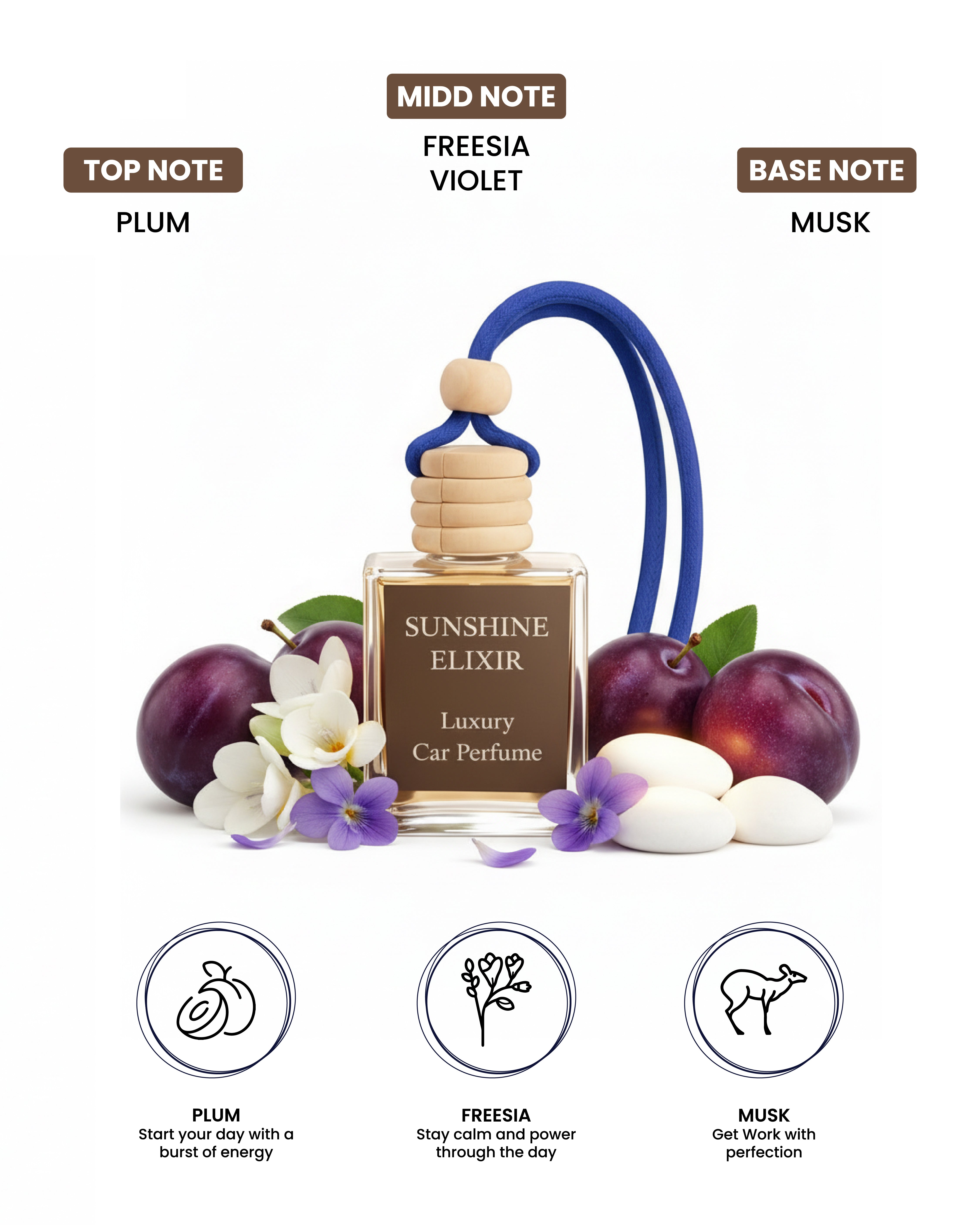 Sunshine Elixir 10ml hanging car perfume bottle, likely clear glass with yellow liquid.