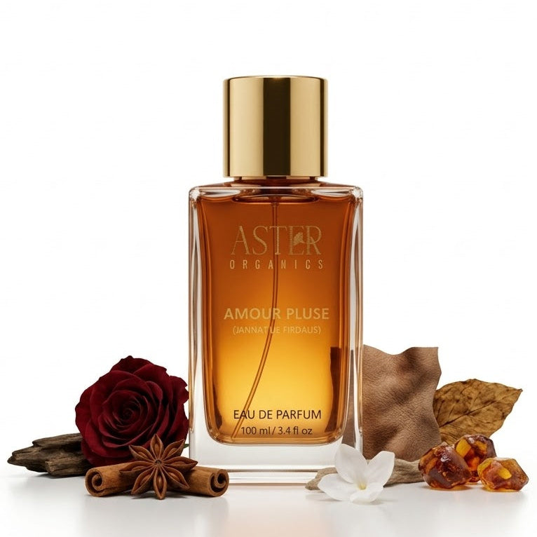 Aster Original perfume bottle with floral and spice elements on a white background