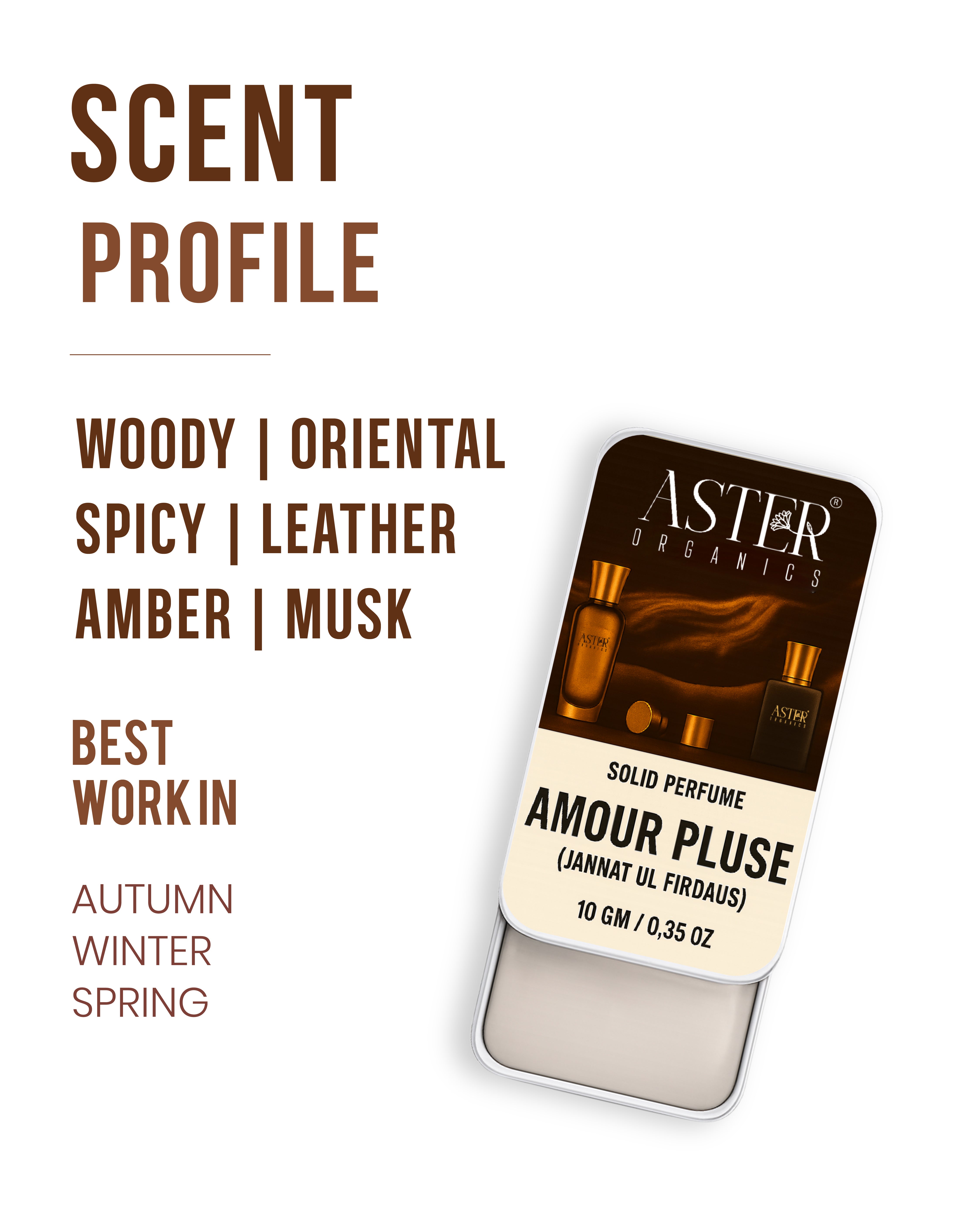 Amour Pluse Solid Perfume for Oud in a compact tin.