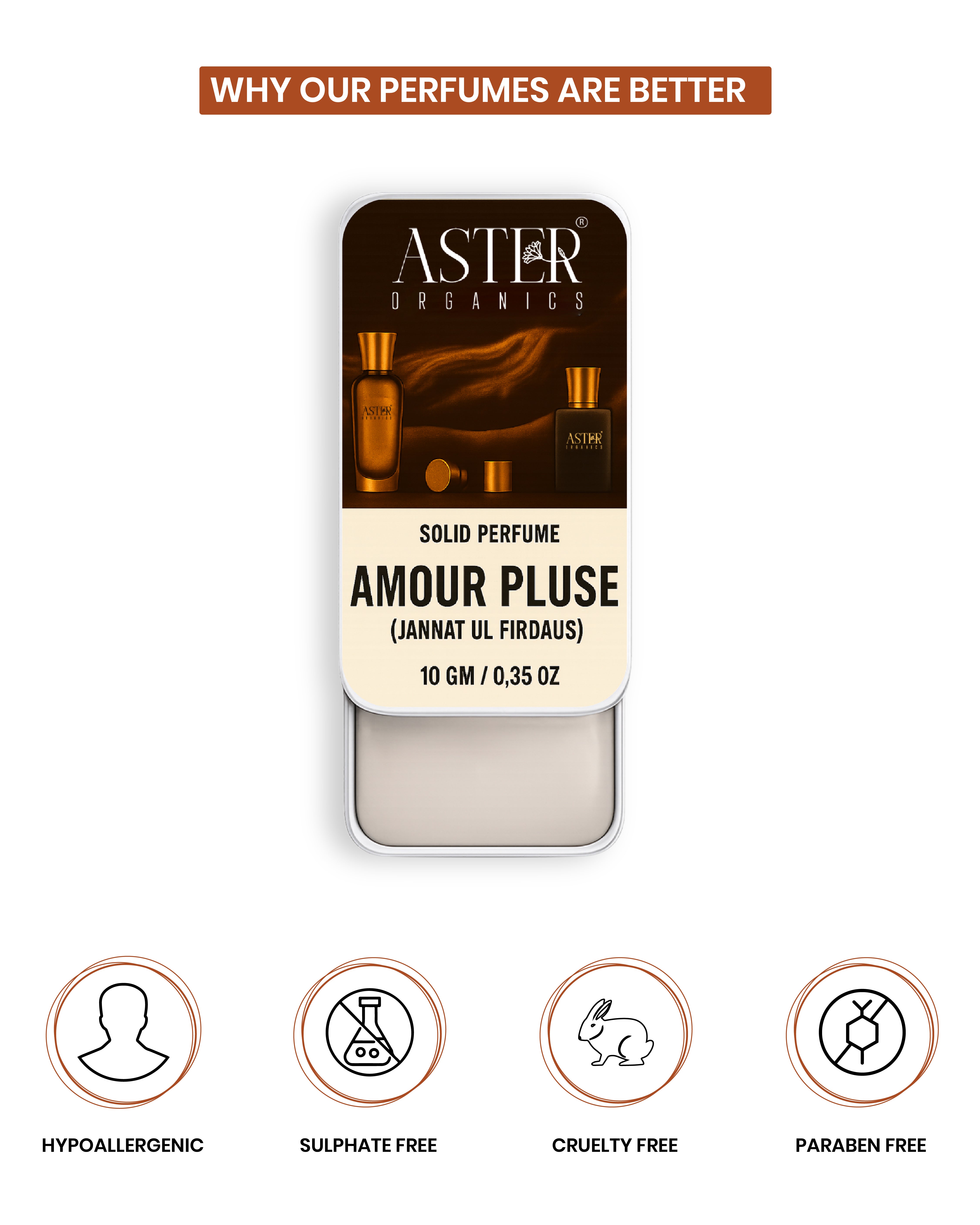 Amour Pluse Solid Perfume for Oud in a metal tin.