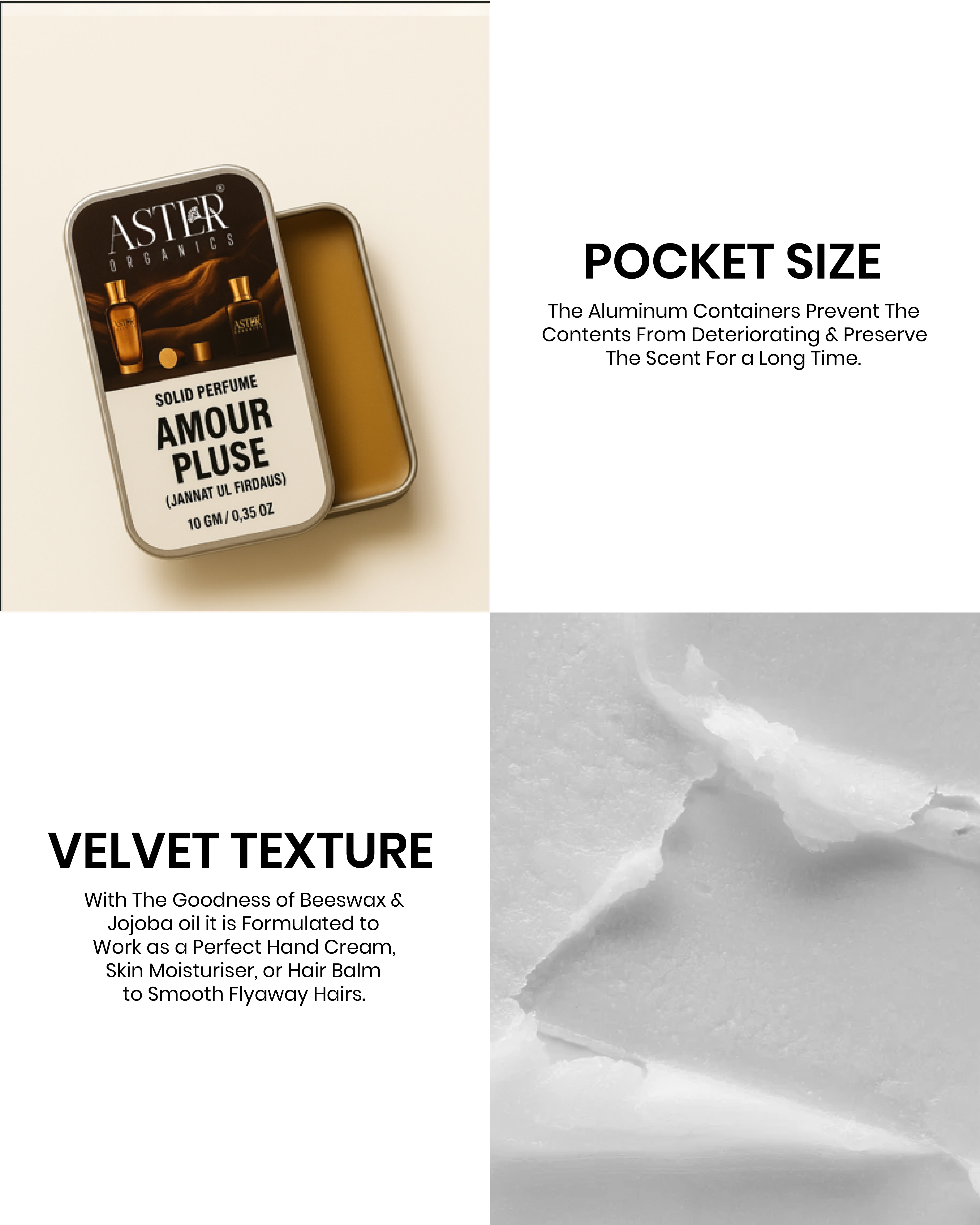 Aster Parfums solid perfume tin with velvet texture description on a beige background
