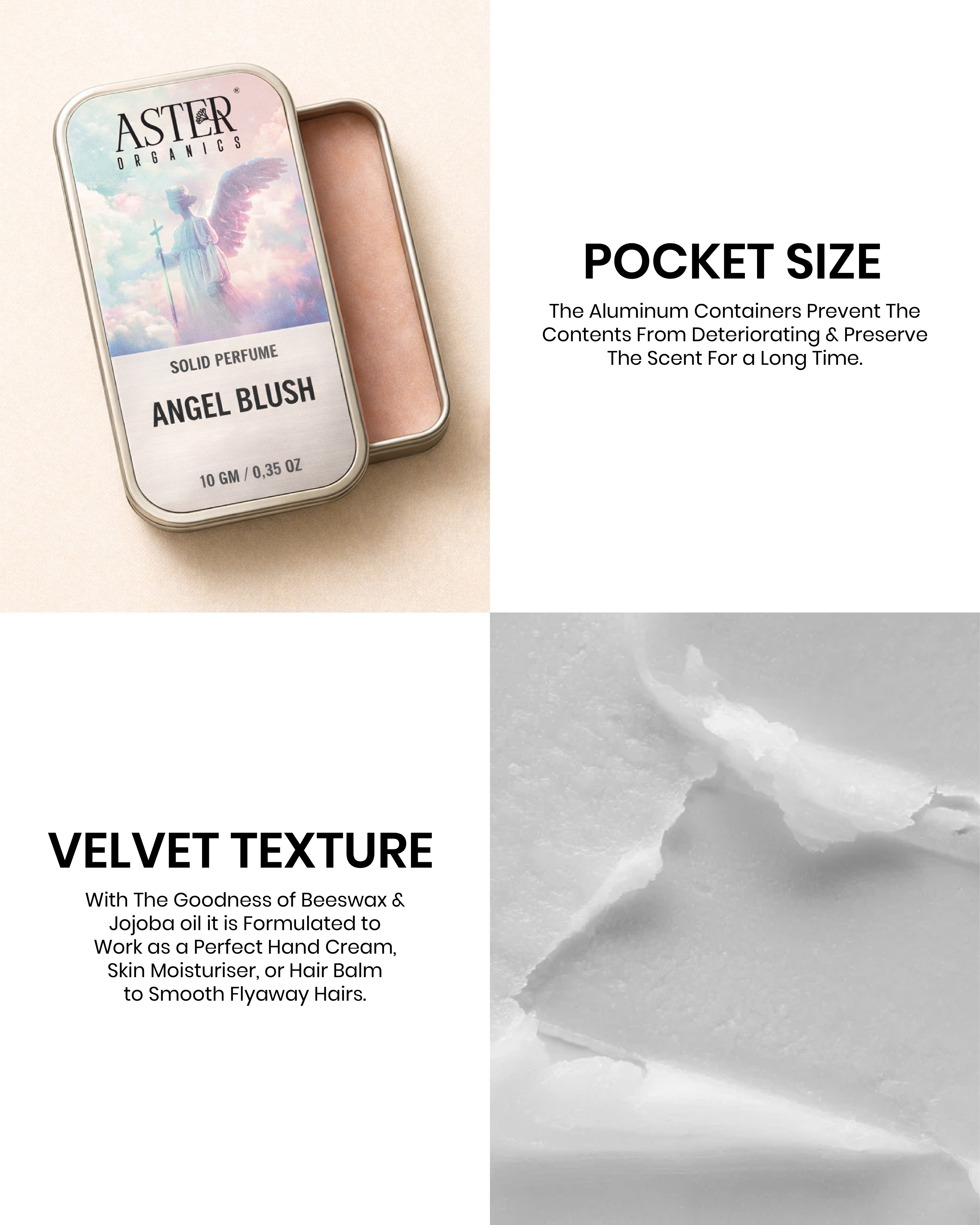 Aster Organics solid perfume in a tin with text about pocket size and velvet texture.