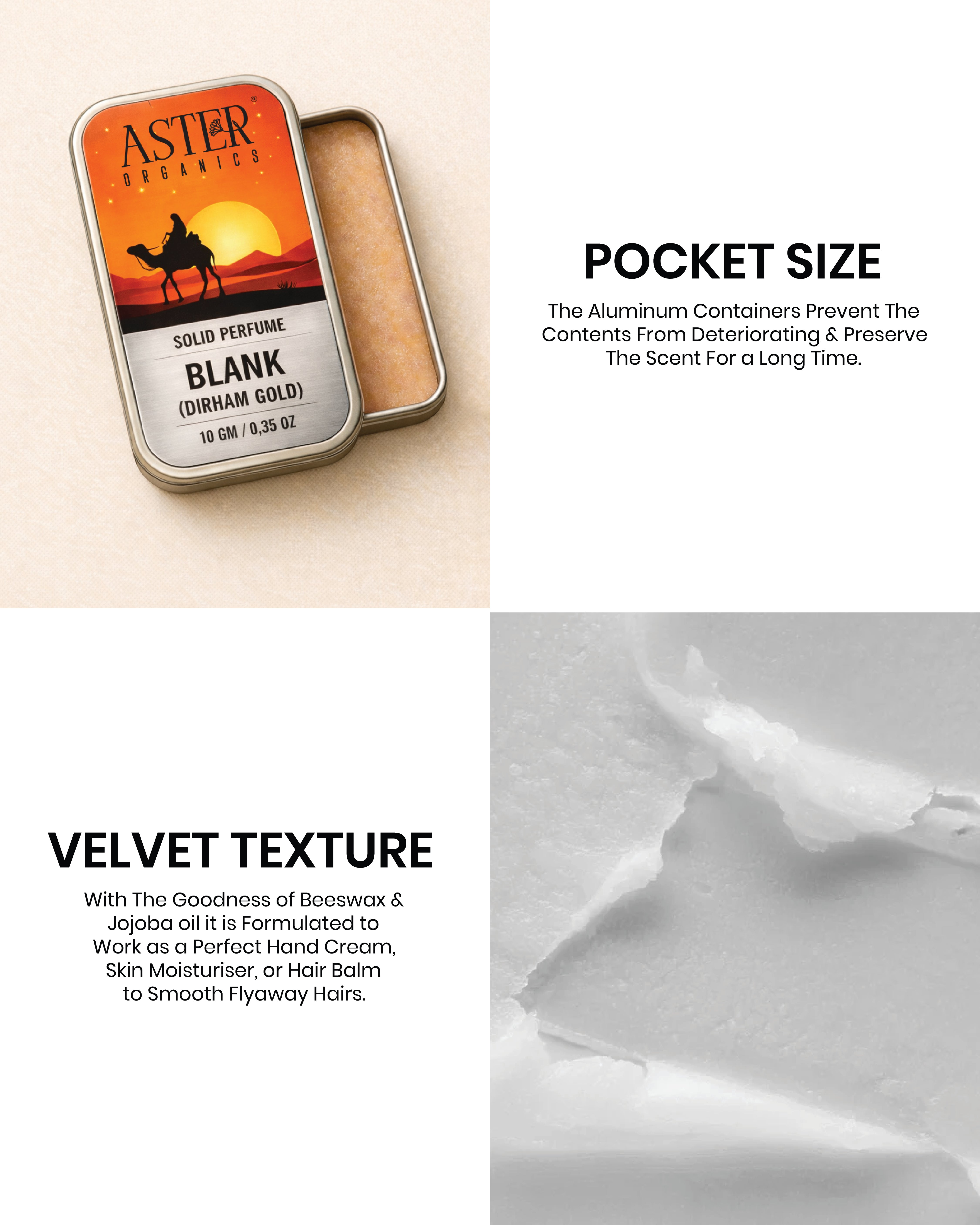 Aster Organics solid perfume tin with velvet texture description on a white background