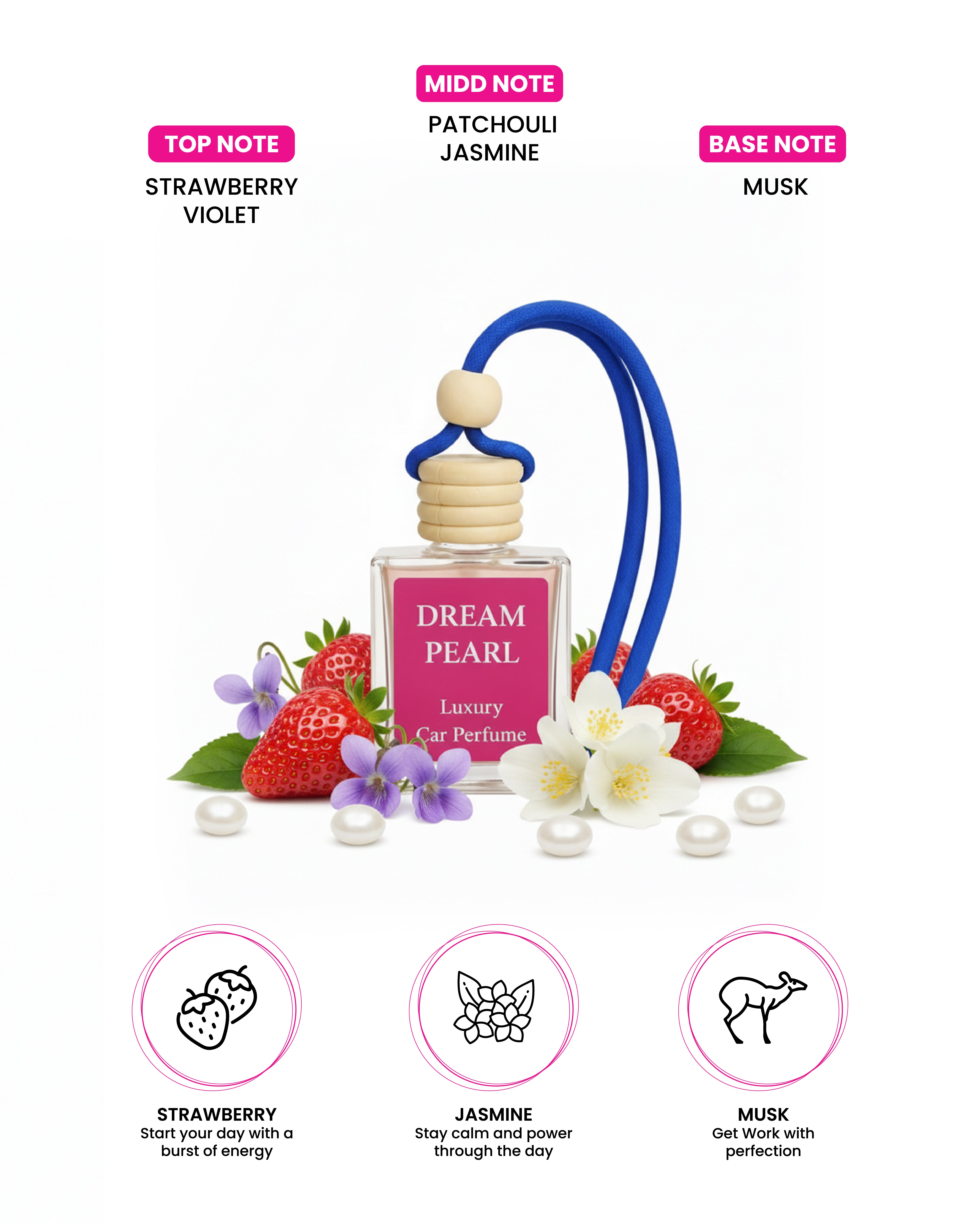 Dream Perl hanging car perfume 10ml bottle with a pearl accent.