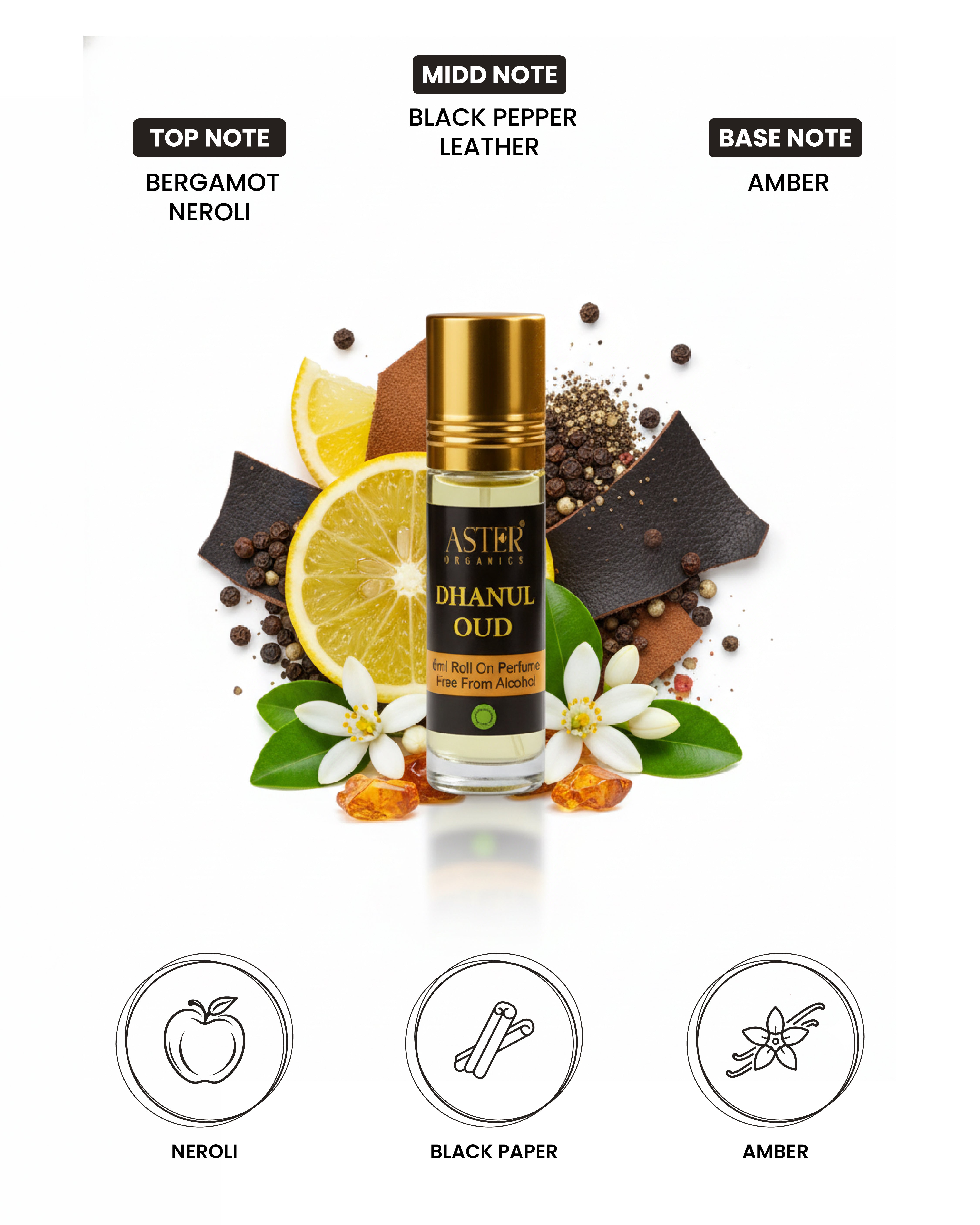 6ml bottle of Dahnul Oud Attar perfume with dark amber liquid and gold cap.
