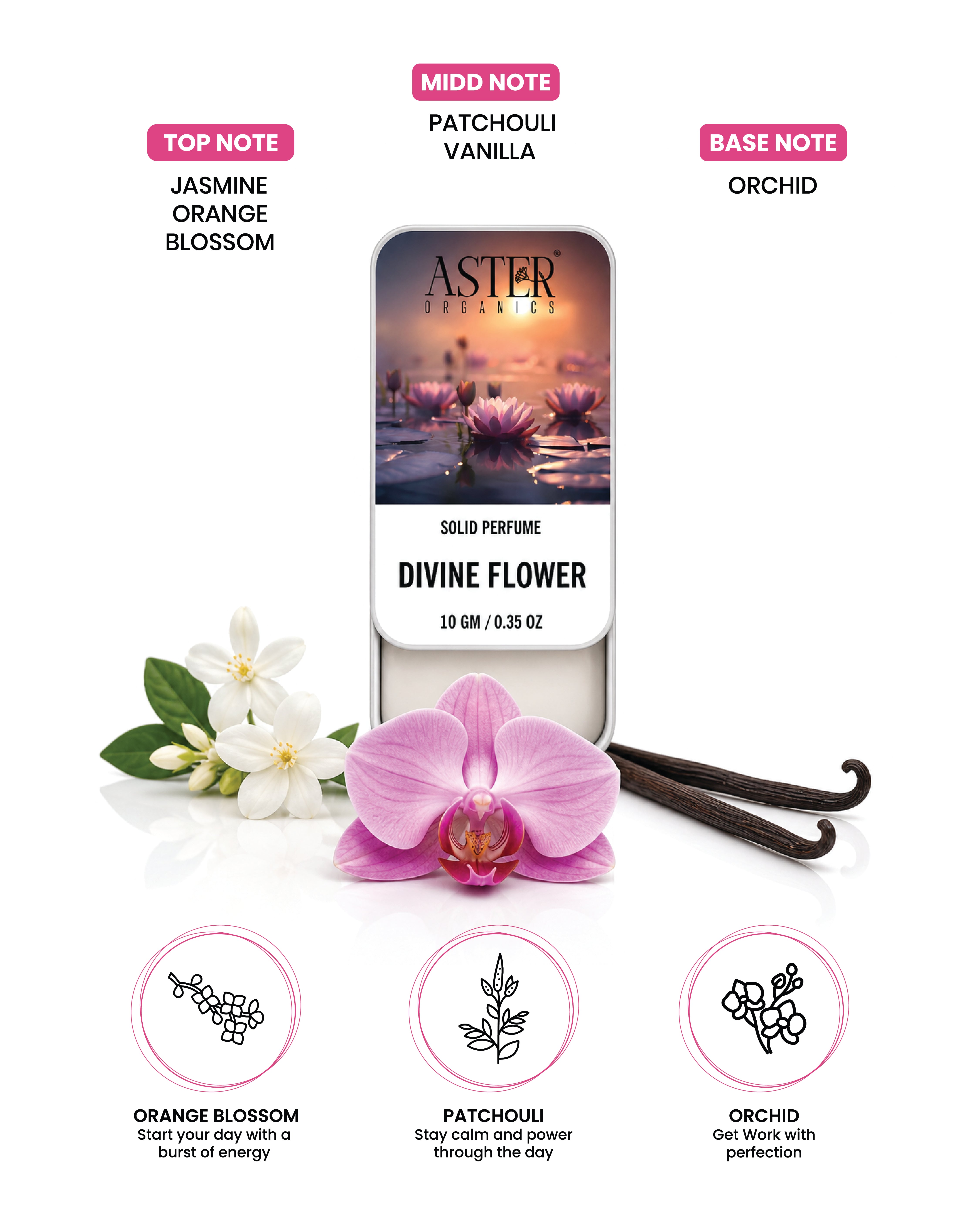Solid perfume compact with a floral design, featuring "Divine Flower" text.