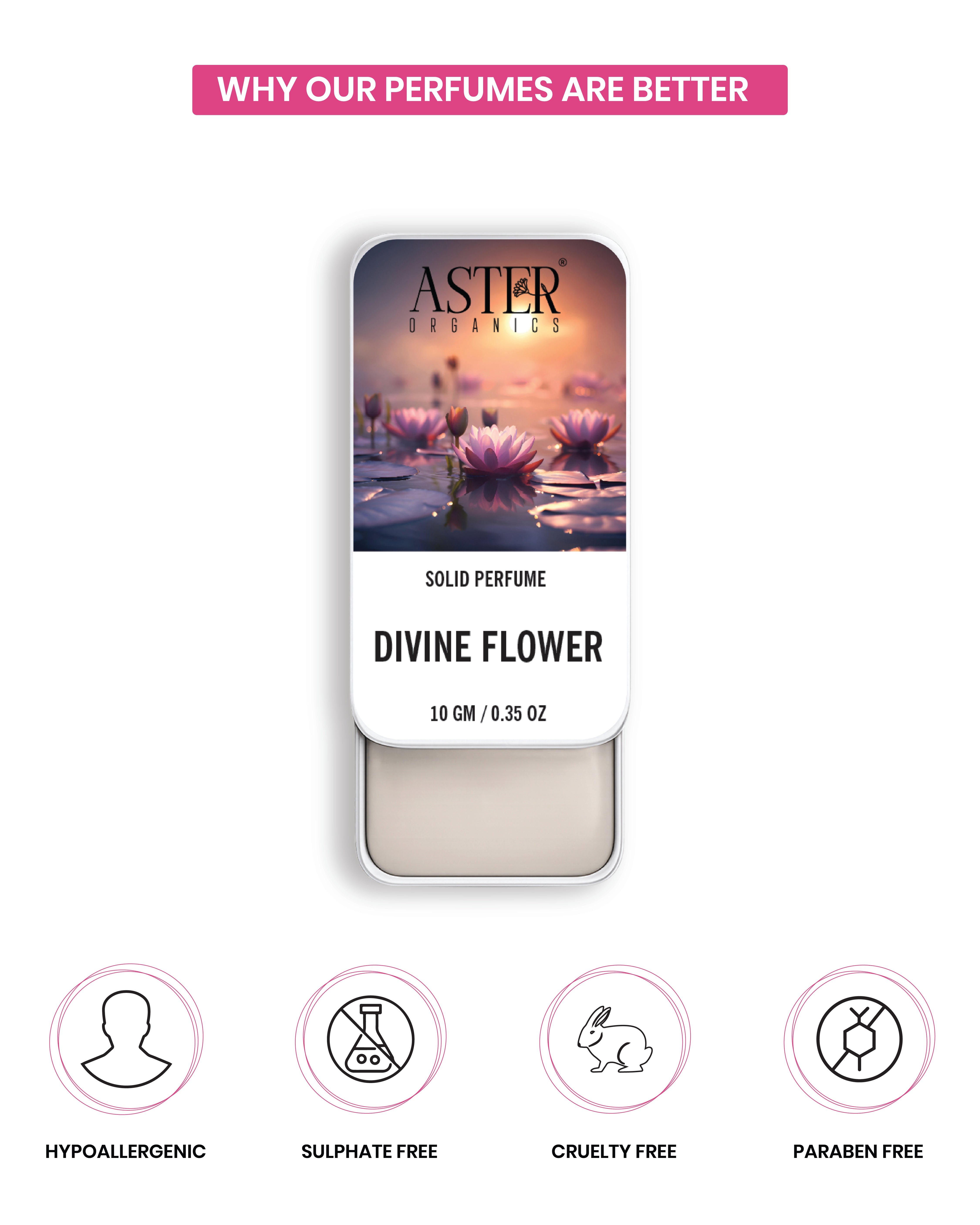 Solid perfume compact with a floral design, featuring a delicate rose and leaf motif.