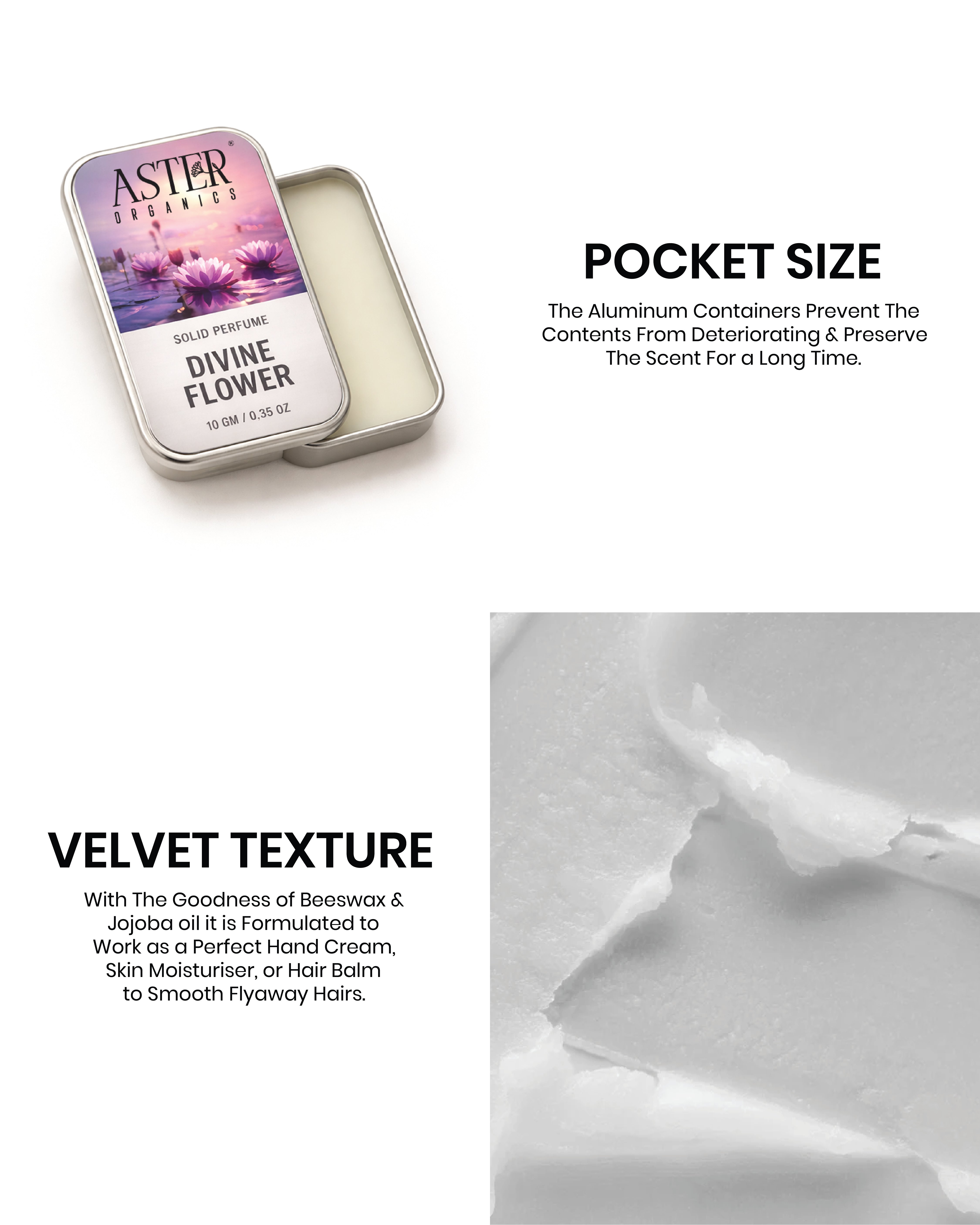 Perfume tin with packaging details on a white background