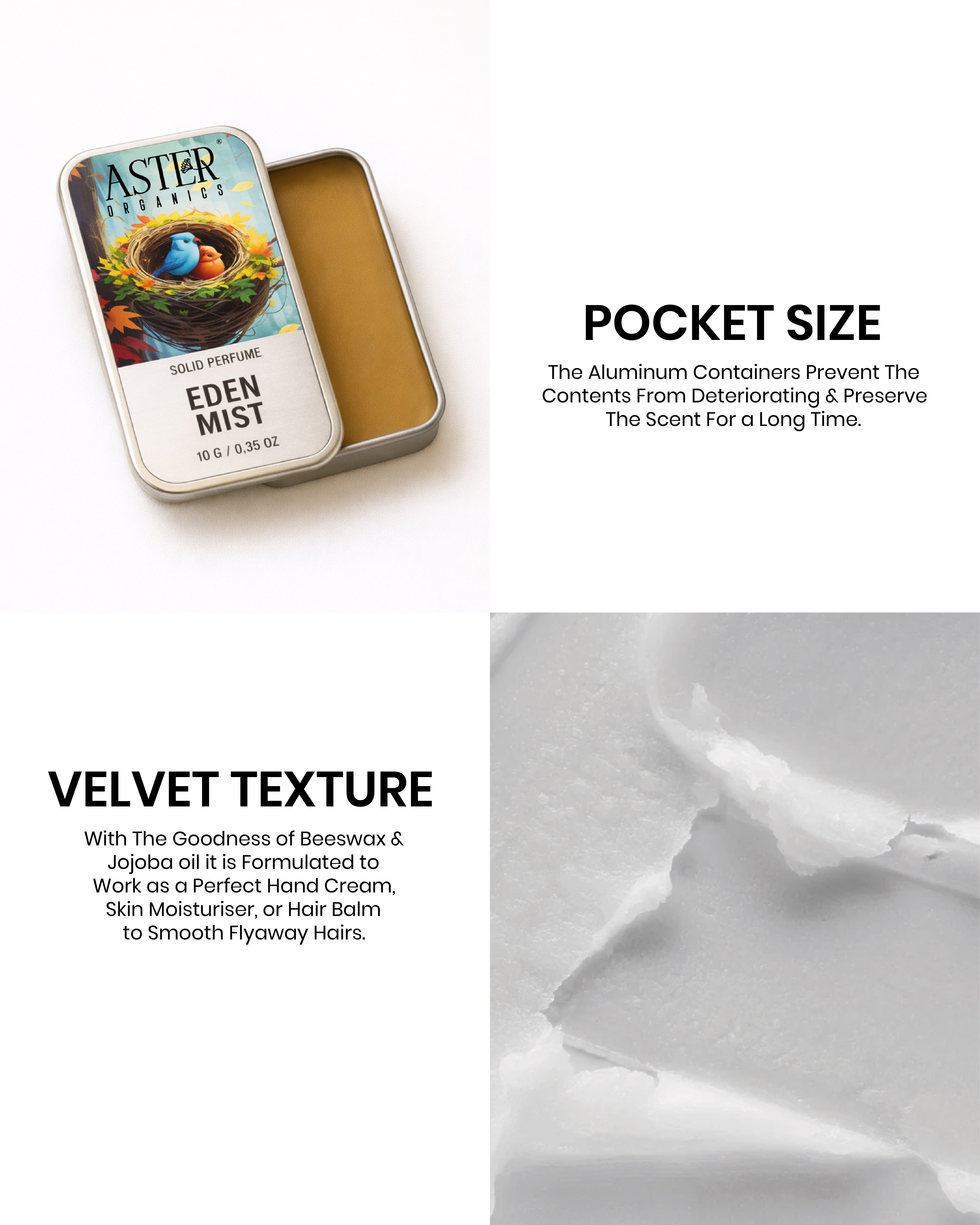 Aster Edgesuns pocket size container with Eden Mist and a close-up of the velvet texture product.