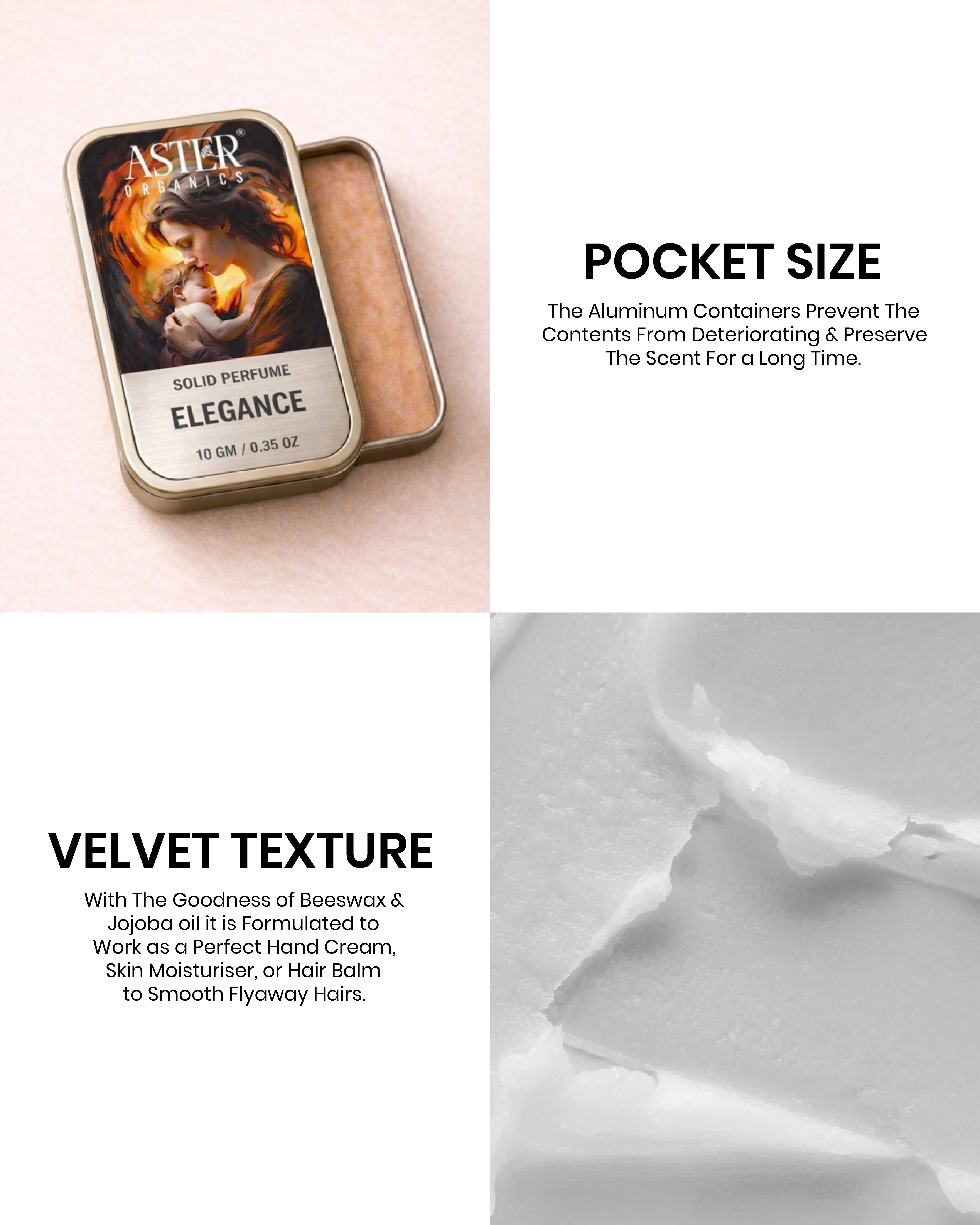 Aster Elegance solid perfume tin with velvet texture description on a white background