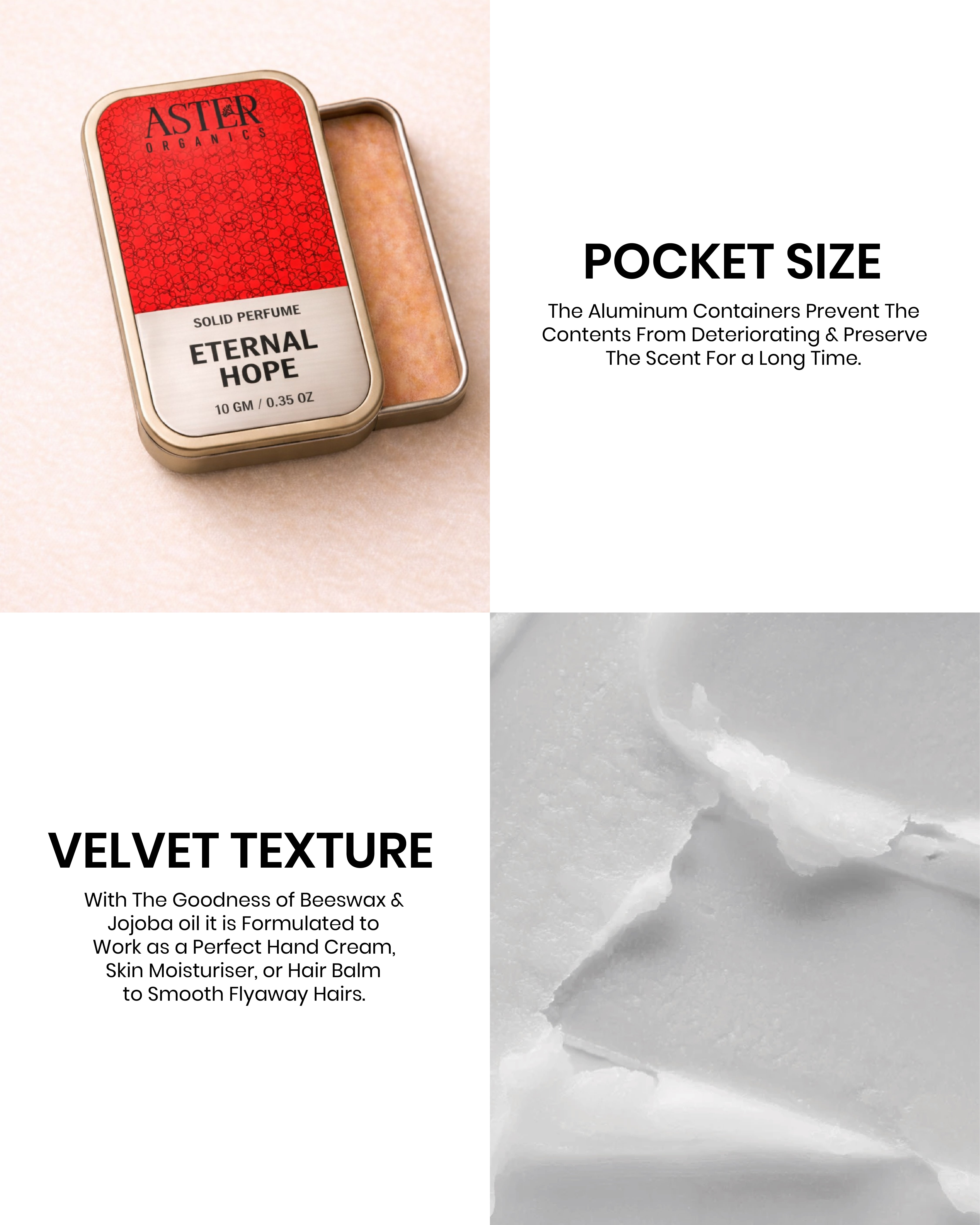 Aster solid perfume tin with red and white design, showing velvet texture and pocket size benefits.