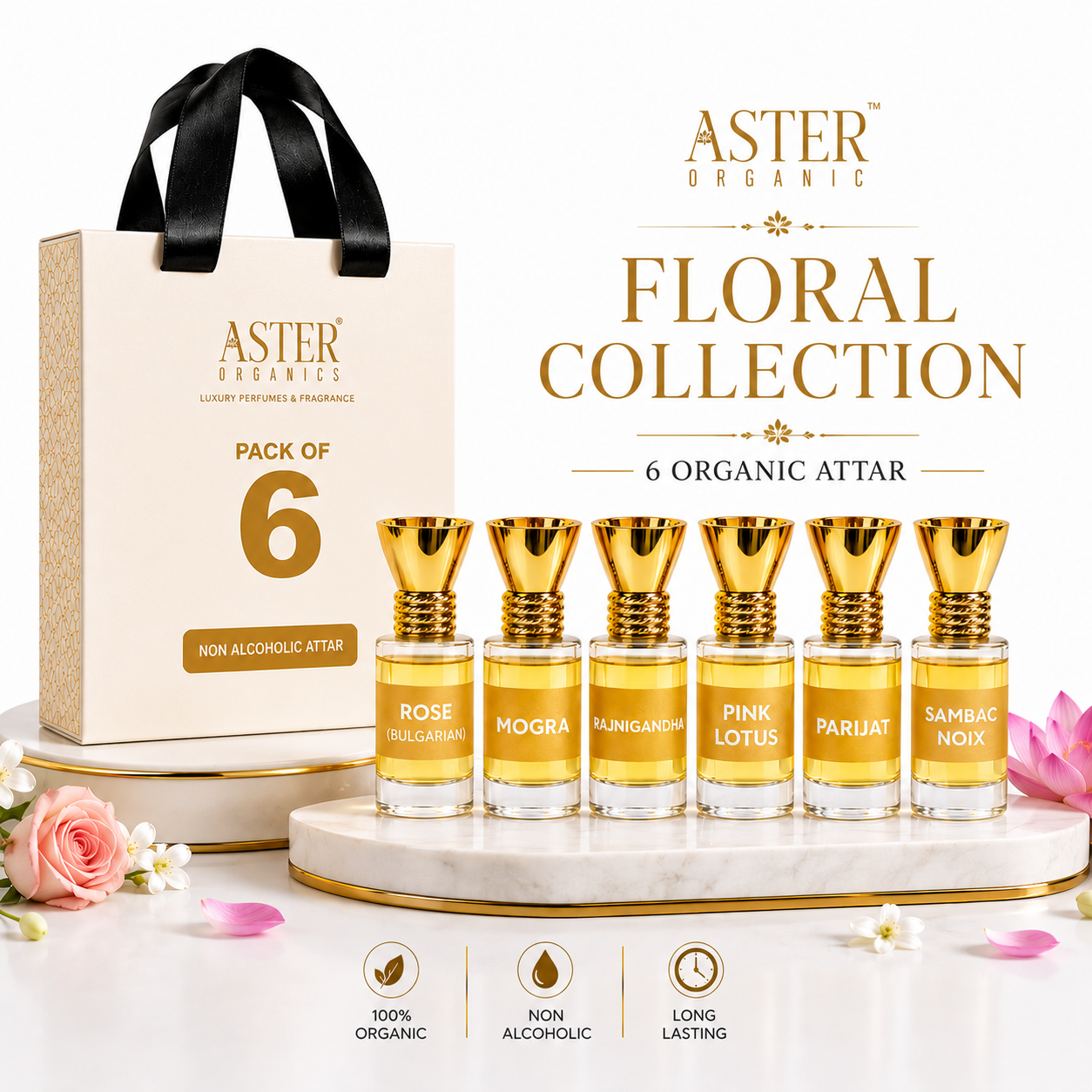 Floral Collection of 100% Organic Attar Pack of 6