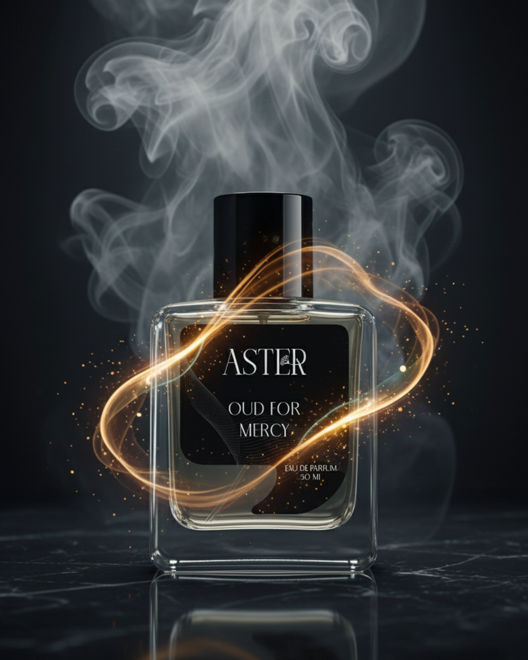 Perfume bottle labeled 'Aster Oud for Mercy' with smoke effect on a dark background