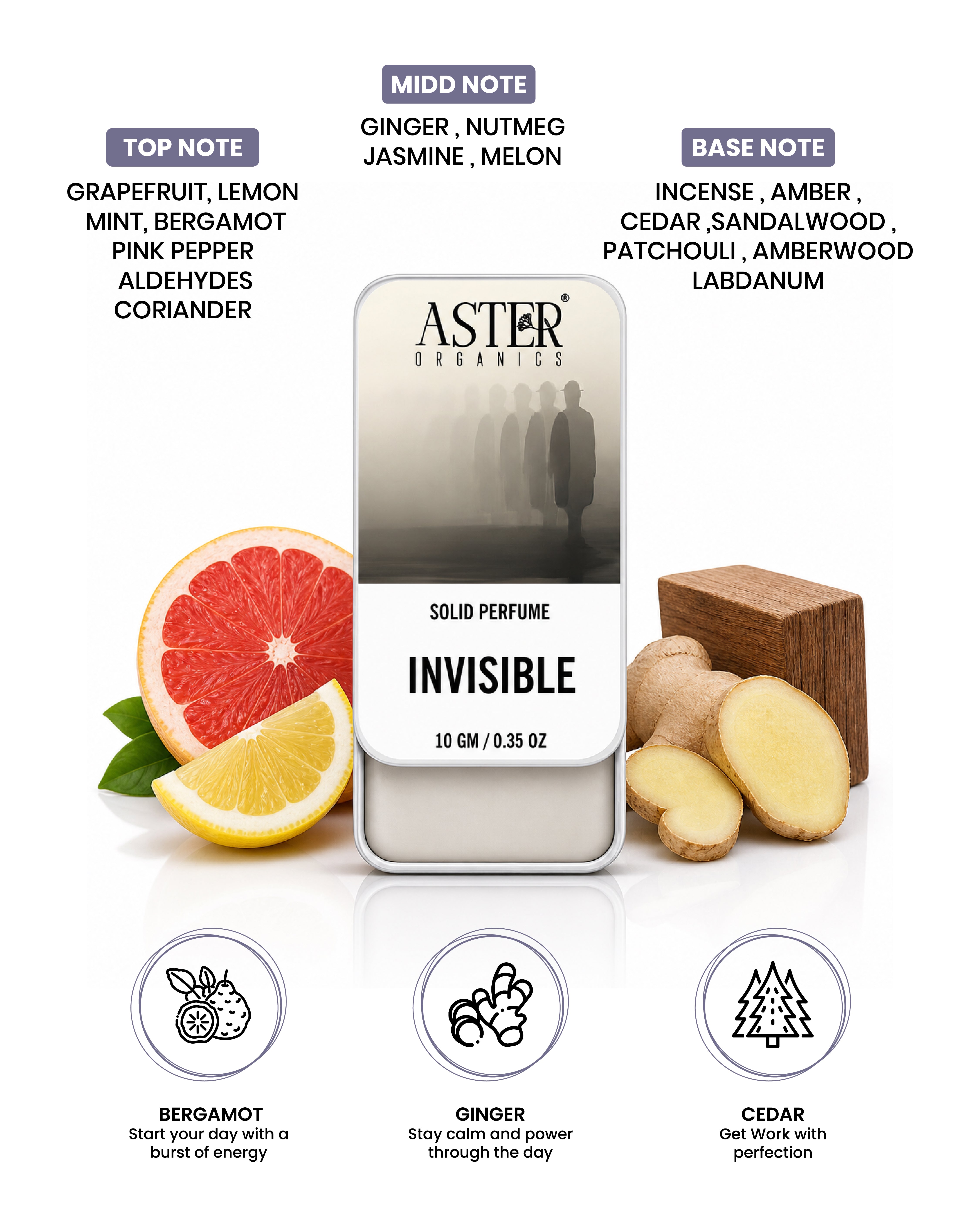 Men's invisible solid perfume stick, clear balm texture