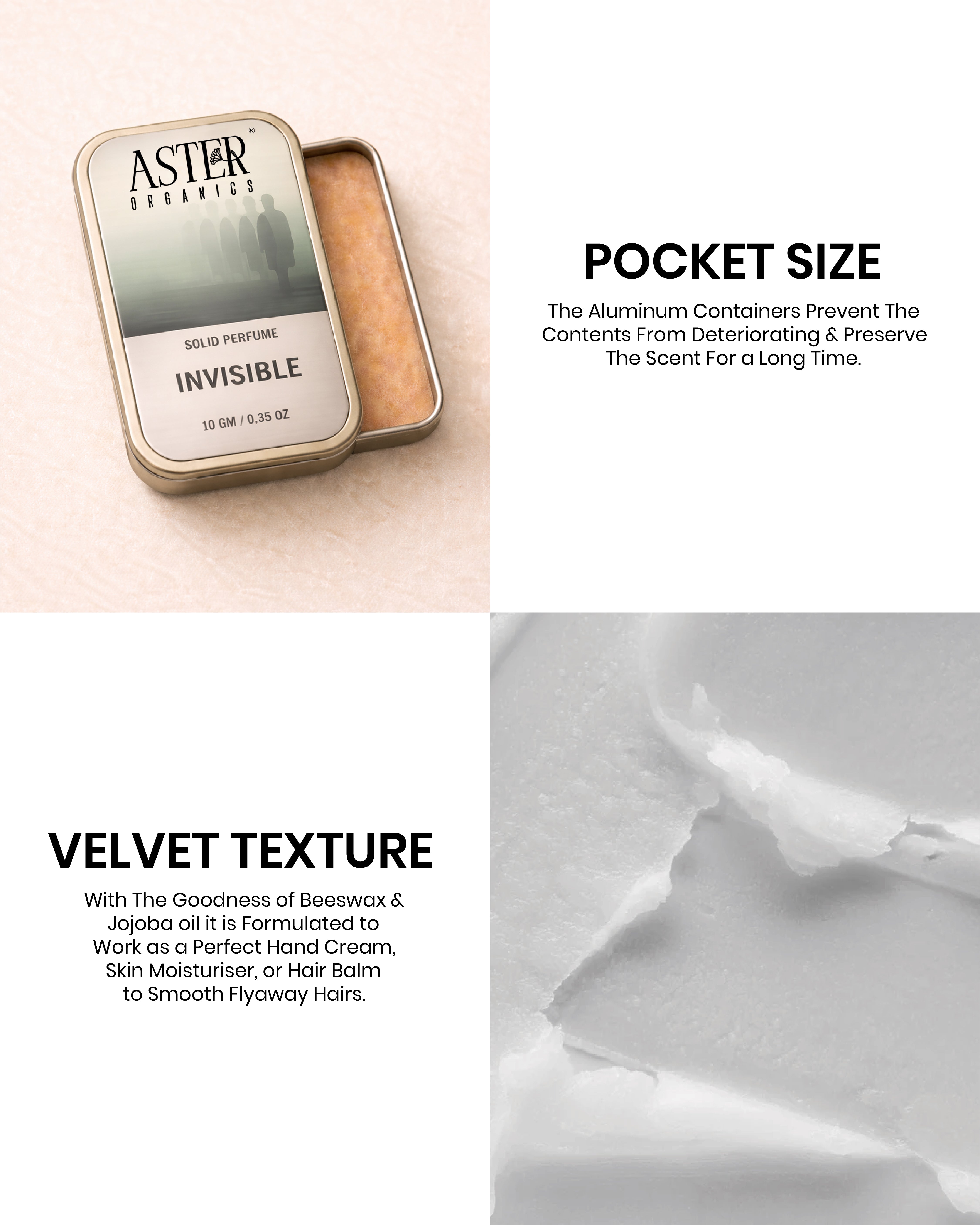 Aster Invisible solid perfume tin with velvet texture description on a white background