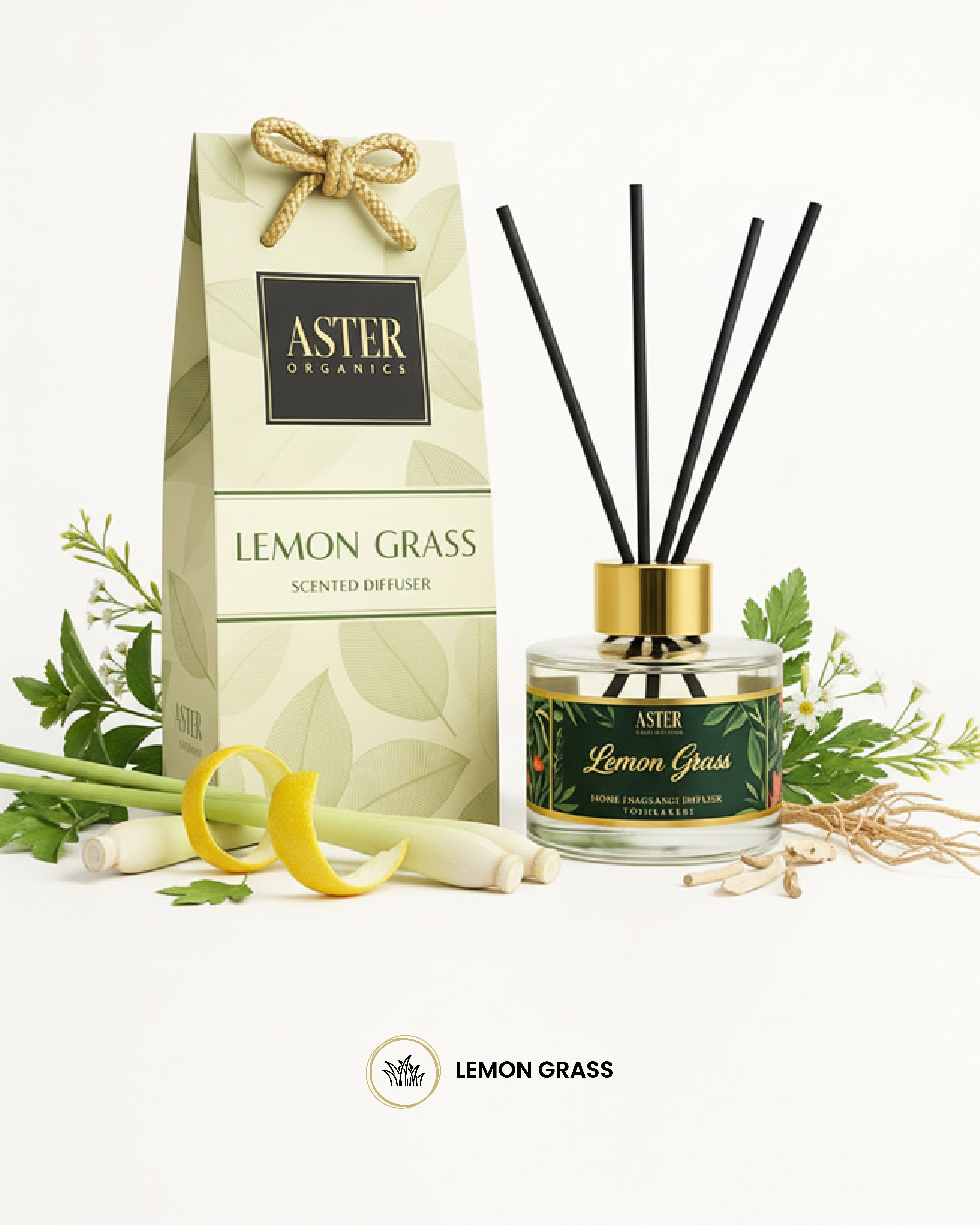 Lemongrass reed diffuser set with glass bottle and natural reeds