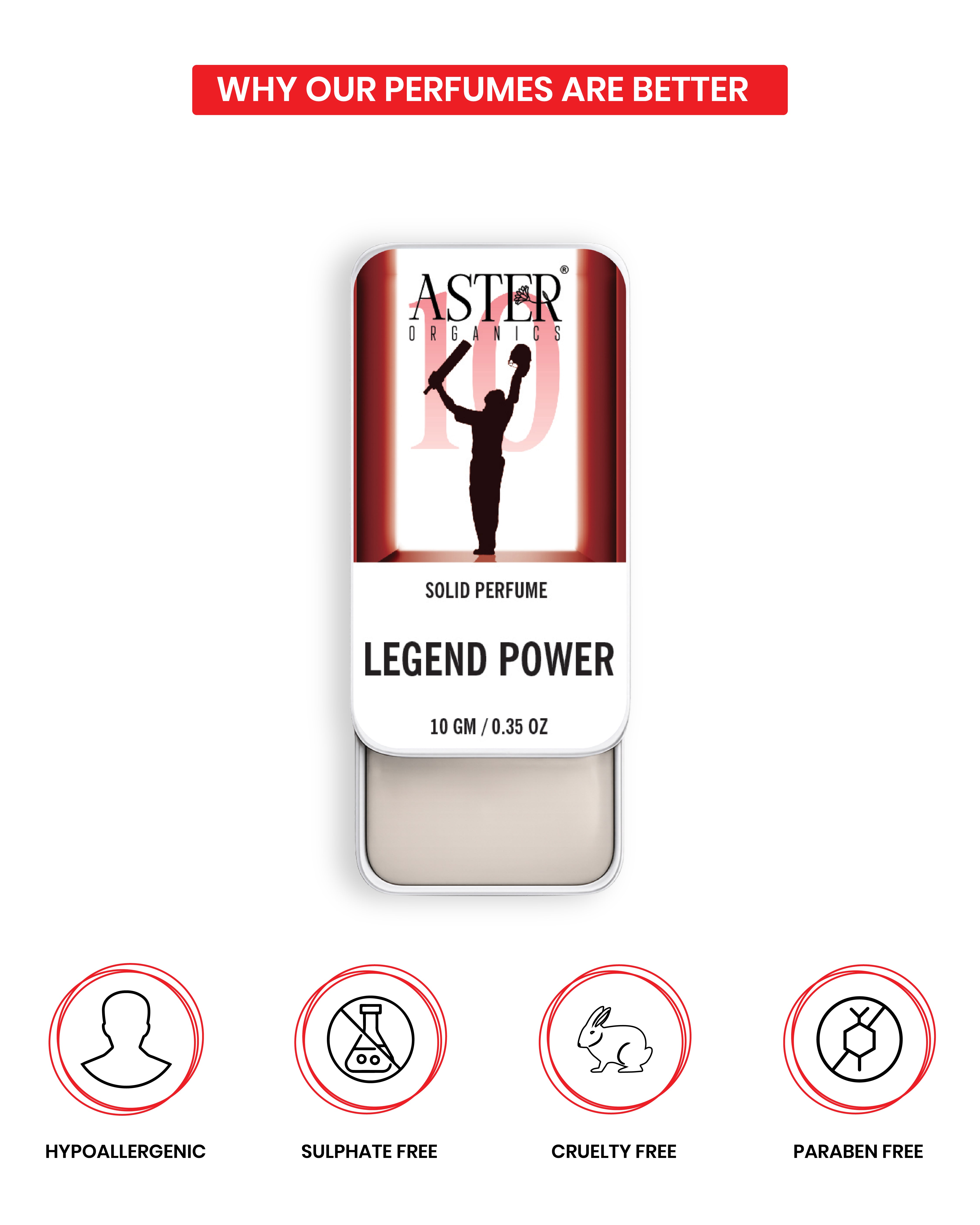 Legend Power solid perfume for men, metal tin packaging.