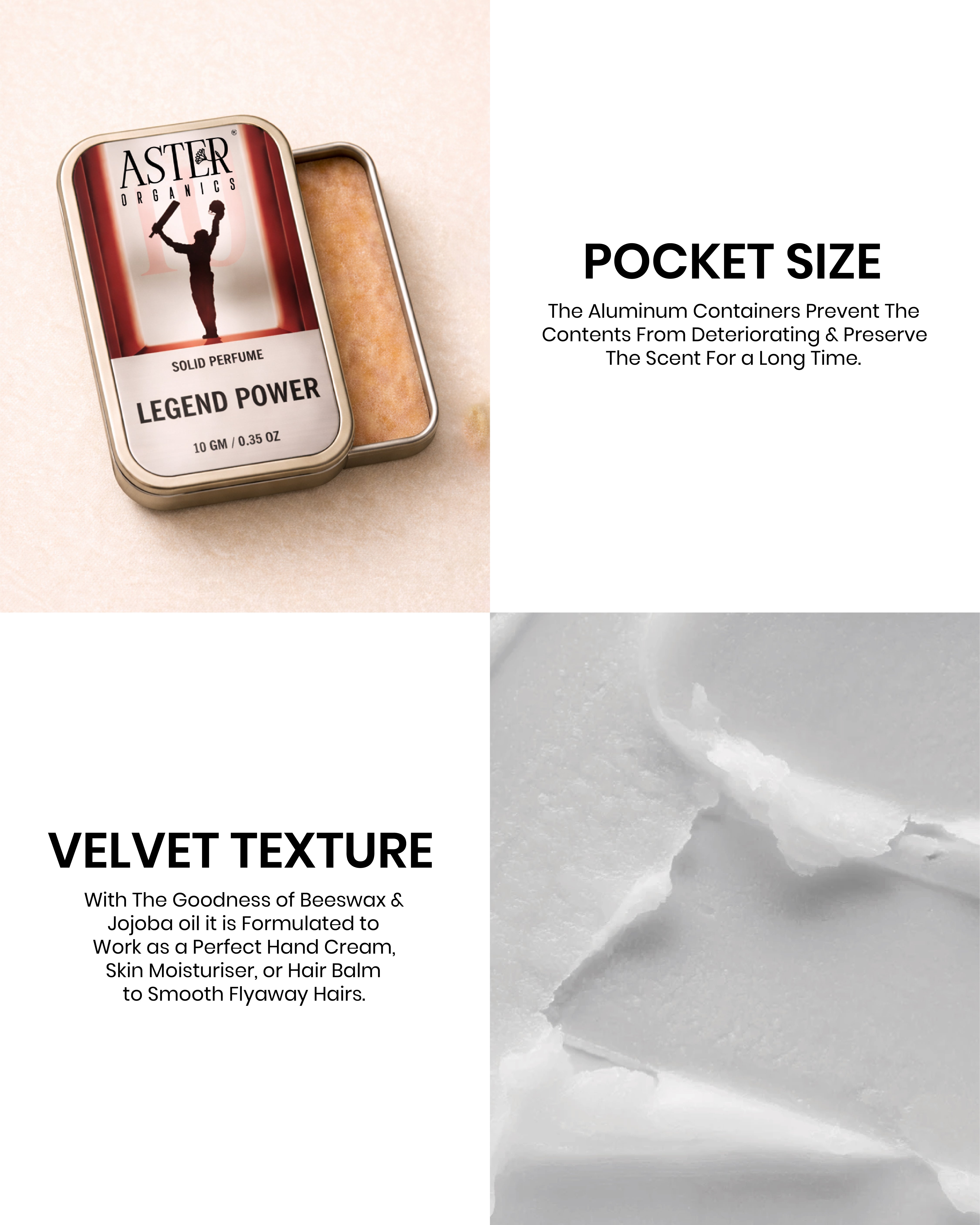 Aster Legend Power solid perfume tin with velvet texture description