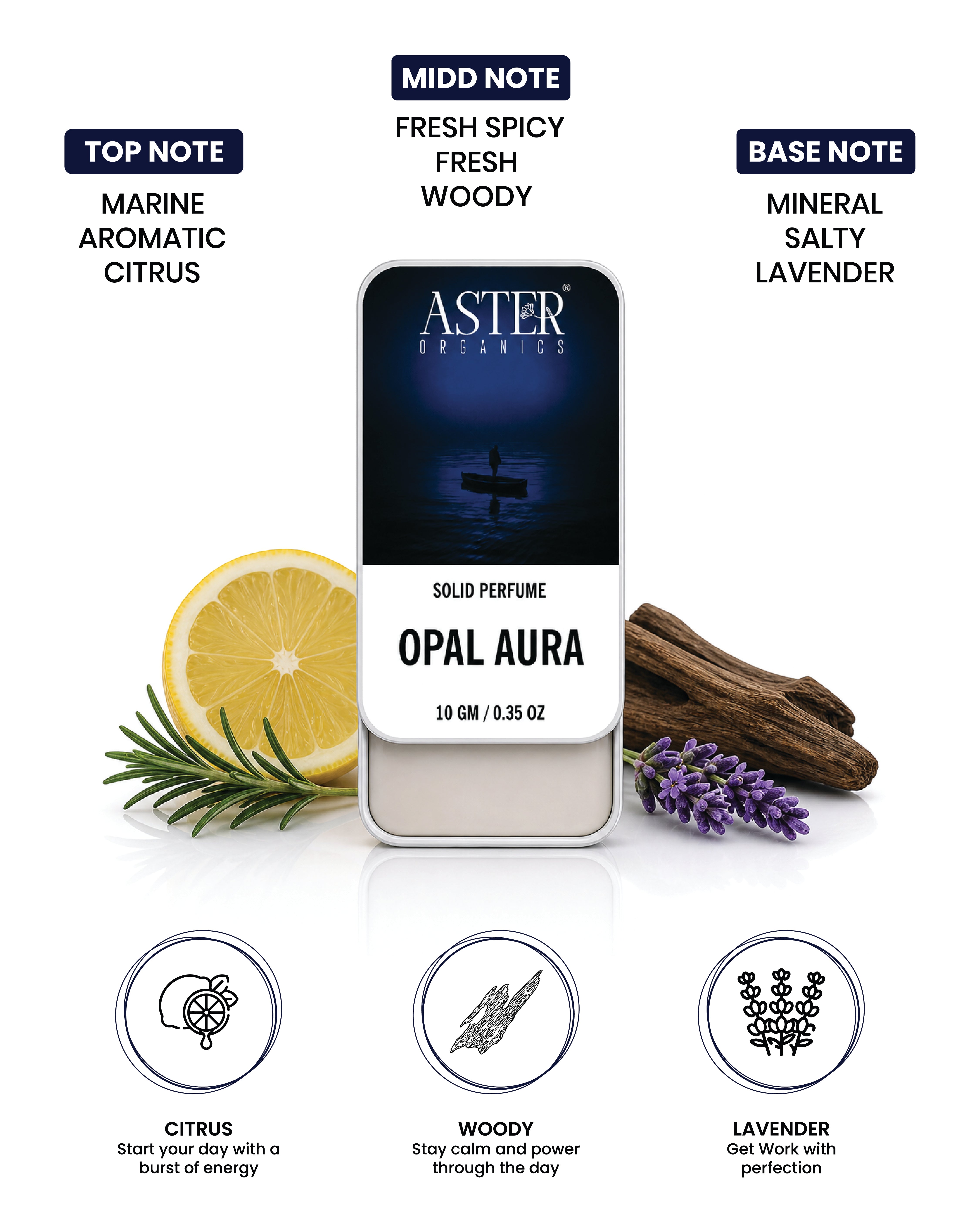 Opal Aura solid perfume for men, showing the product packaging.