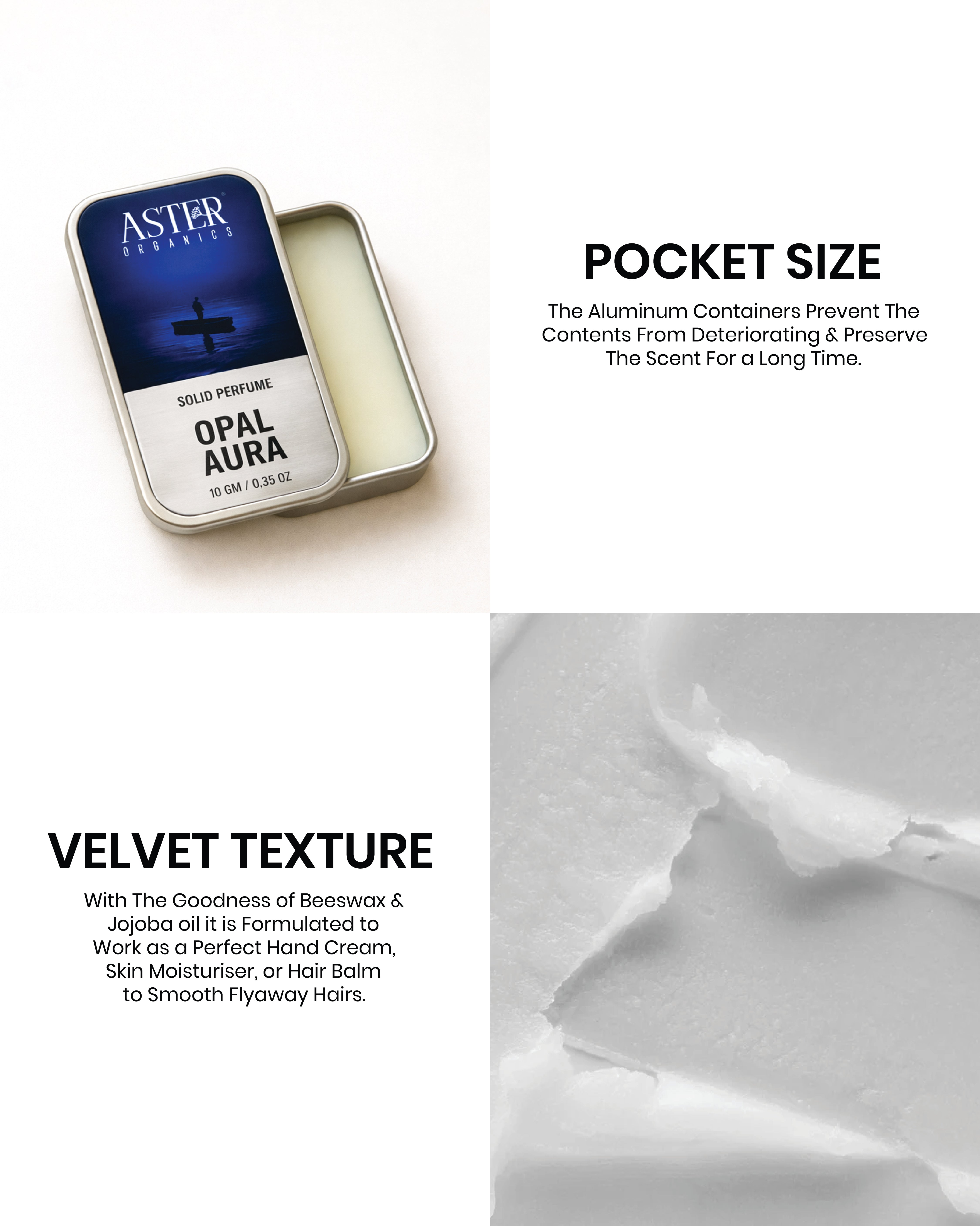 Aster solid perfume in a tin with text highlighting pocket size and velvet texture.