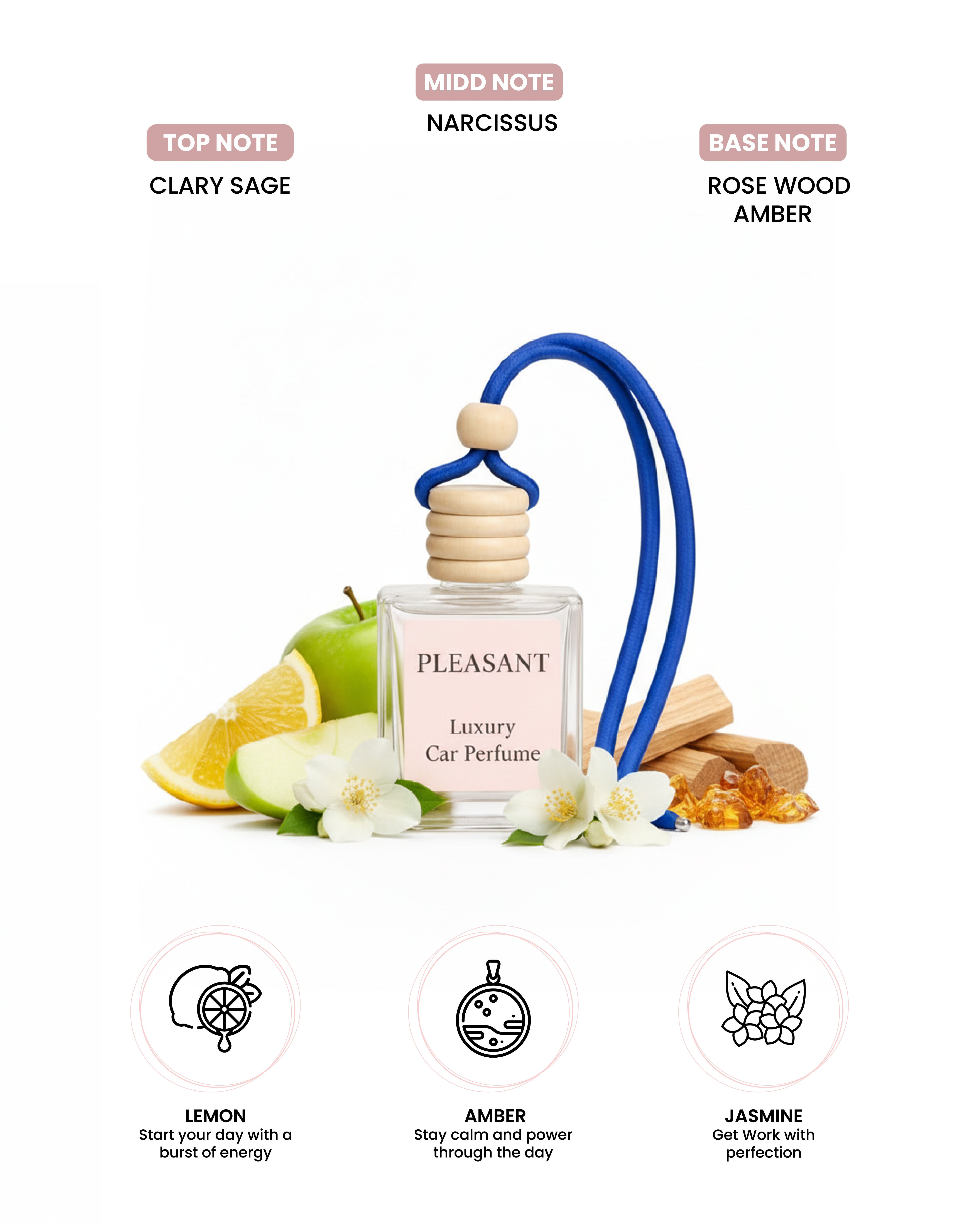 Plesent 10ml hanging car perfume bottle with a wooden cap.