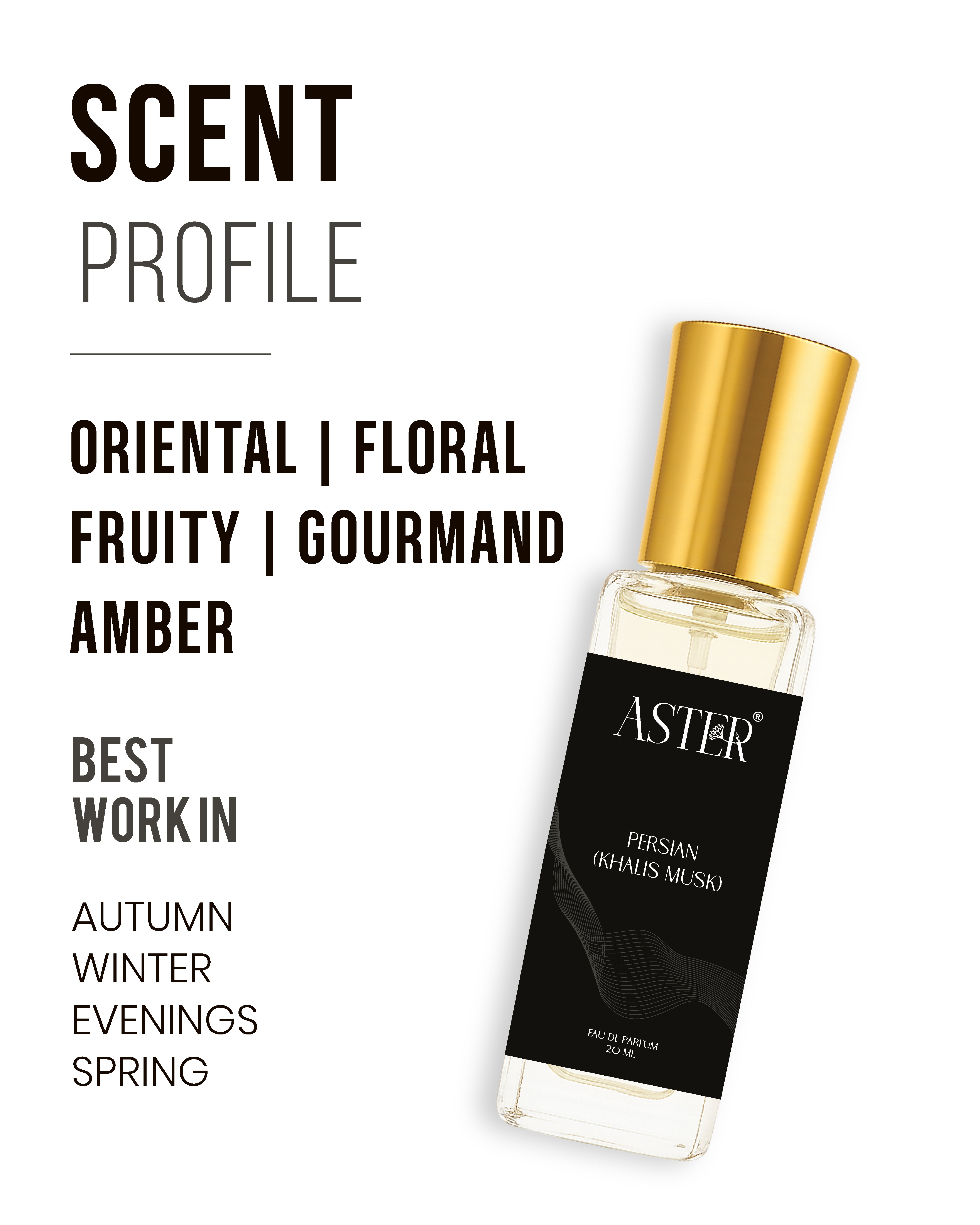 20ml Persian EDP unisex fragrance bottle, amber liquid, gold cap