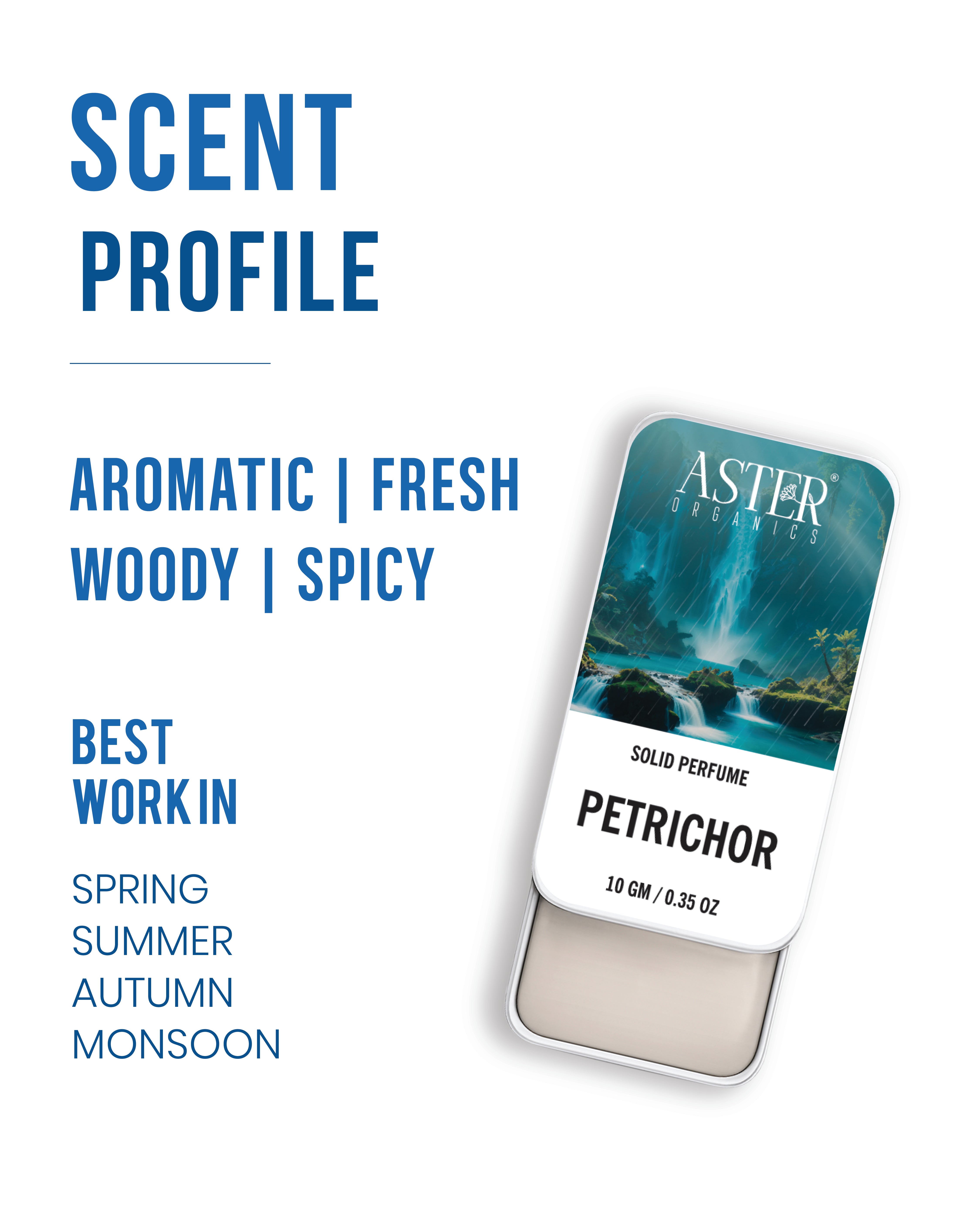 Men's solid perfume in a tin, labeled Petrichor, with a rainy drop graphic.
