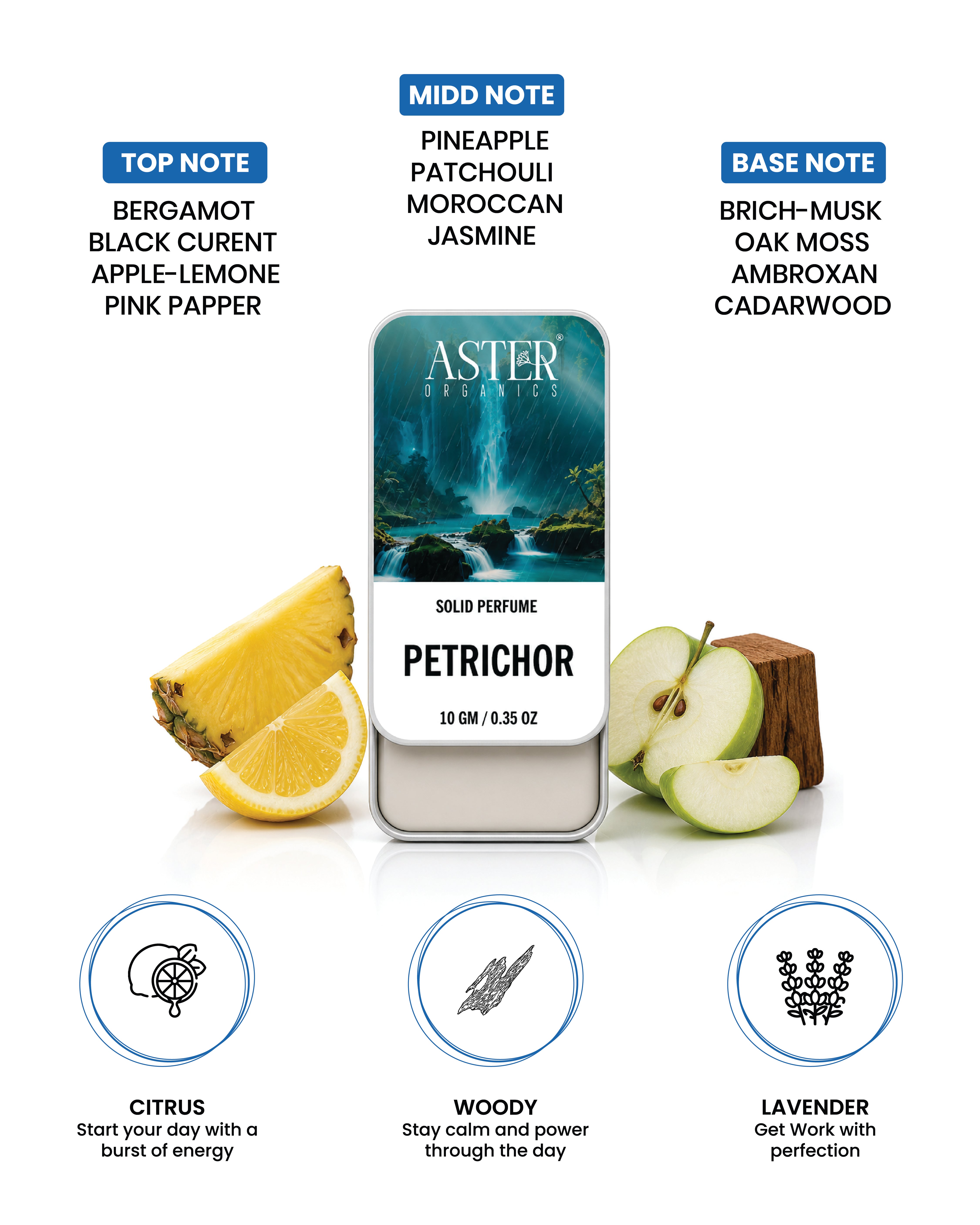 Men's solid perfume tin with "Petrichor" label, featuring a rainy drop graphic.