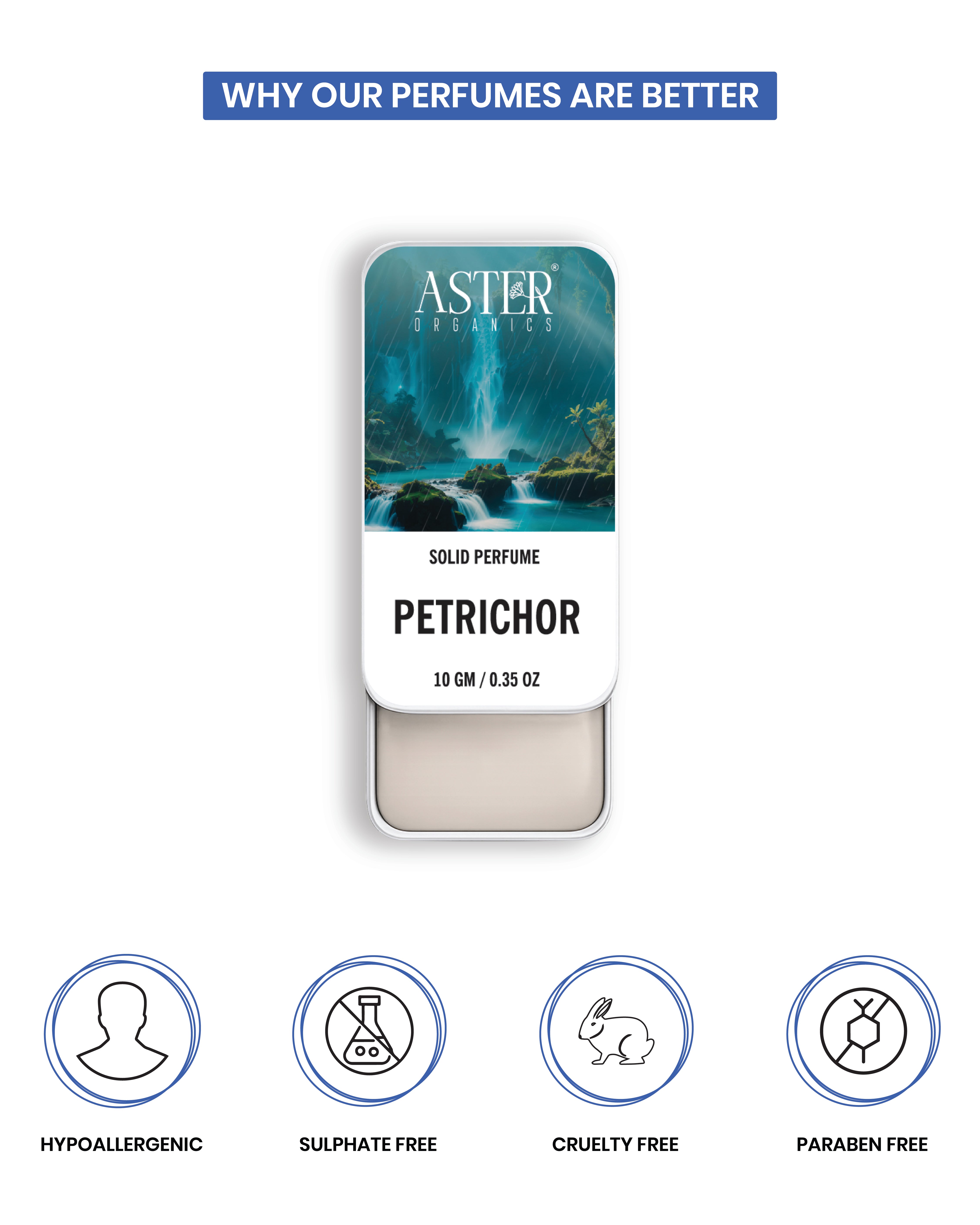 Petrichor solid perfume for men in a dark glass jar with a silver lid.