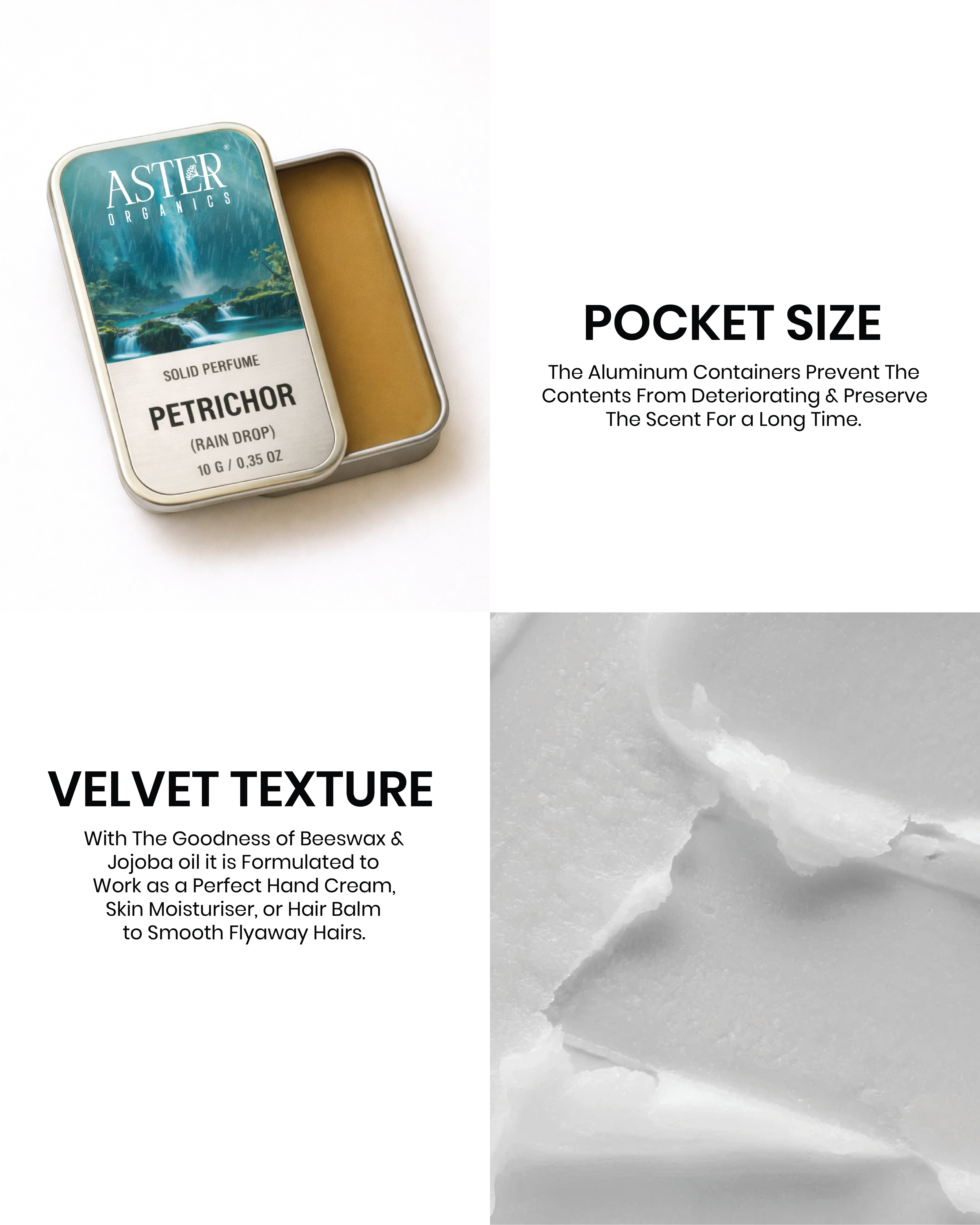 Aster pocket size perfume tin with velvet texture cream on a white background