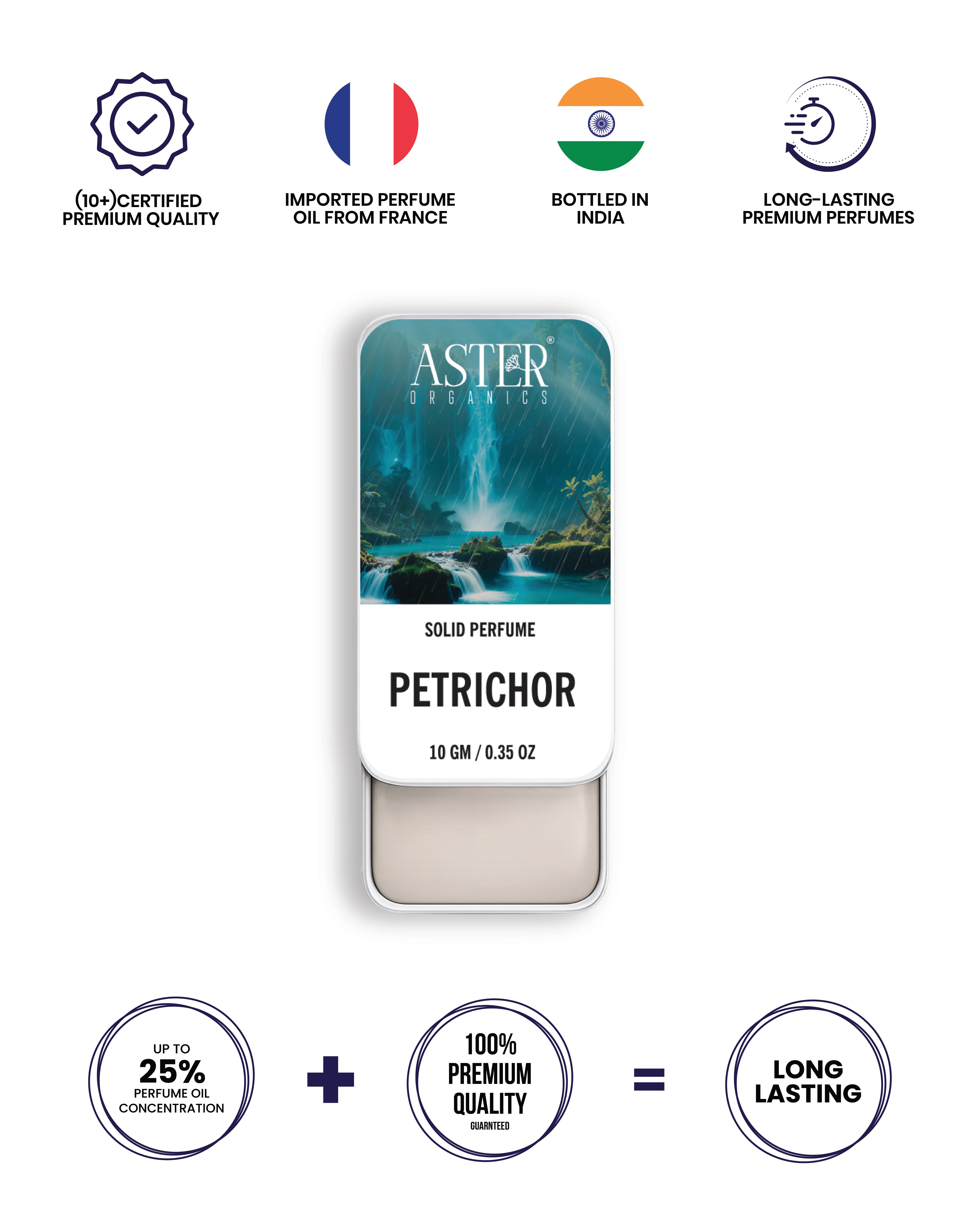 Men's solid perfume in a tin, labeled "Petrichor (Rainy Drop)".