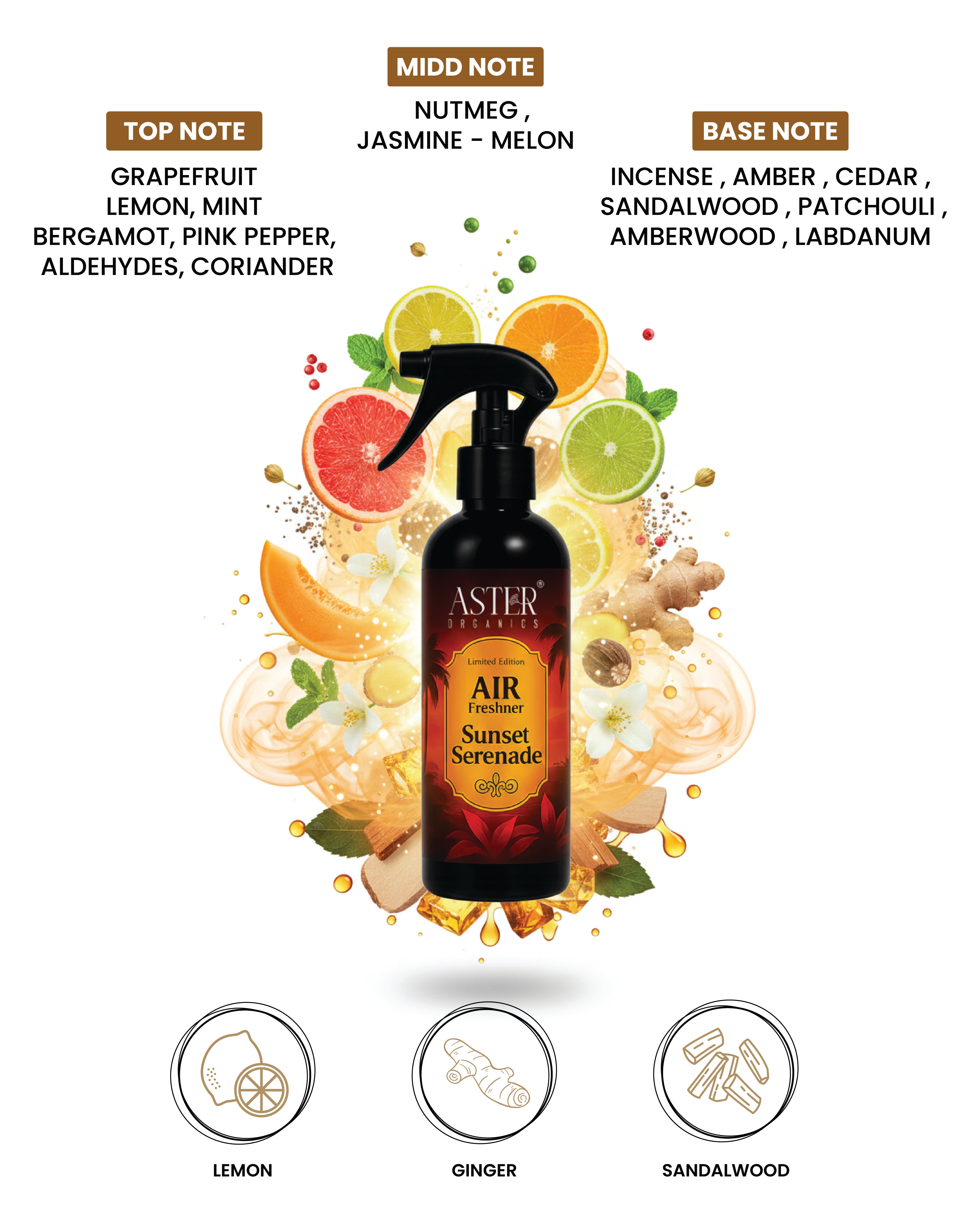 Sunset Serenade air freshener bottle with warm orange and pink gradient label.
