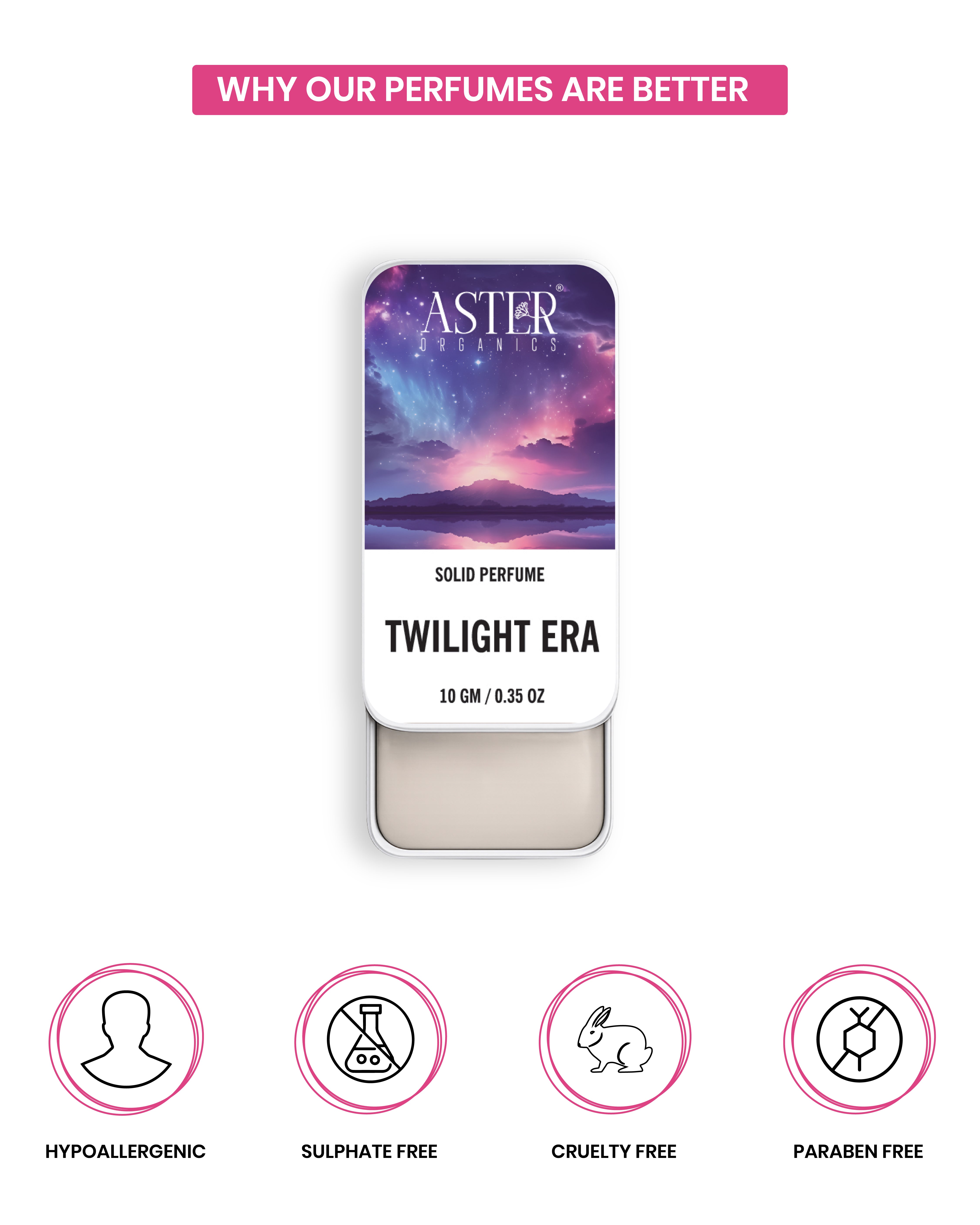 Twilight Era solid perfume for women in a round metal tin.