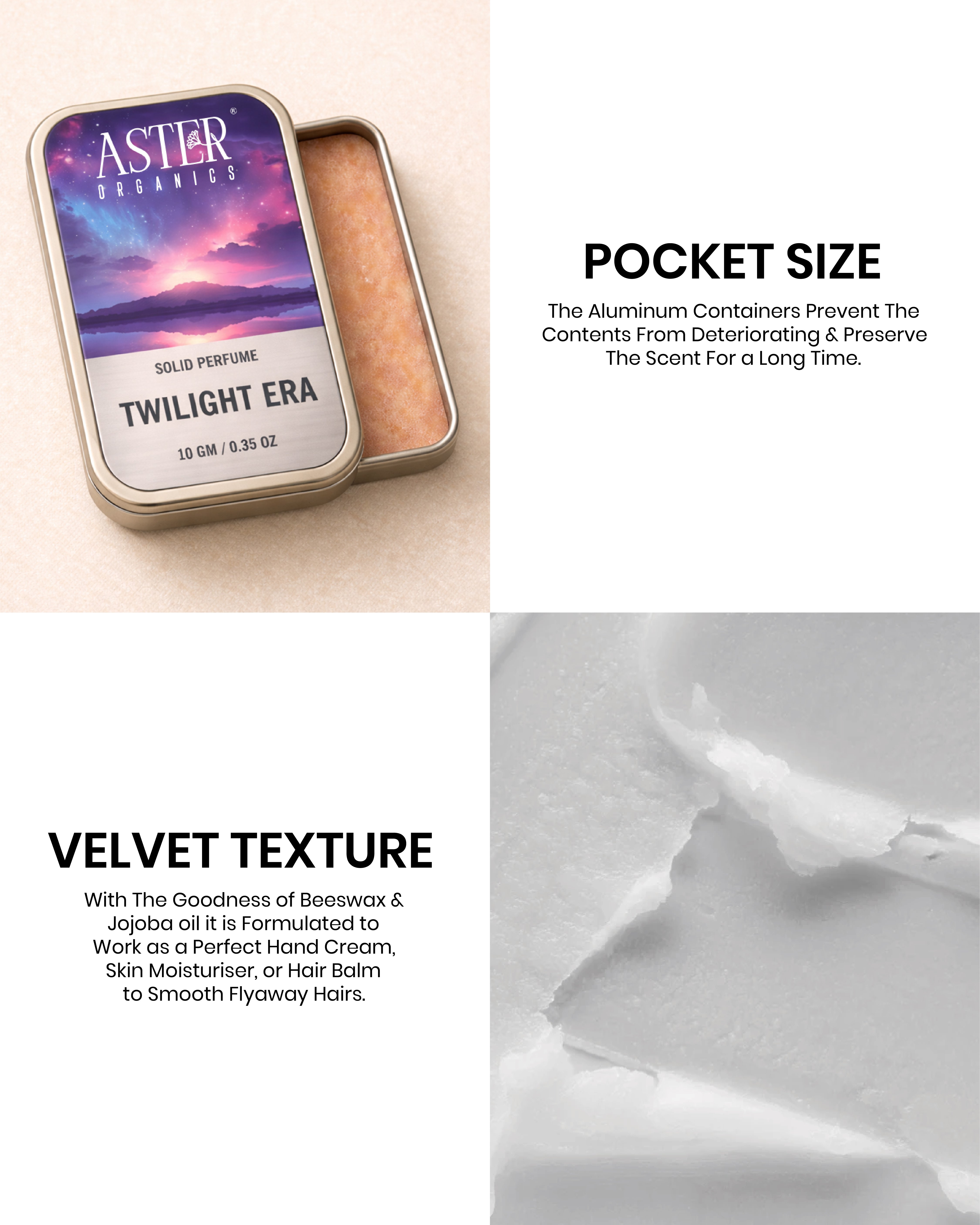 Aster Organics solid perfume tin with velvet texture and pocket size description.