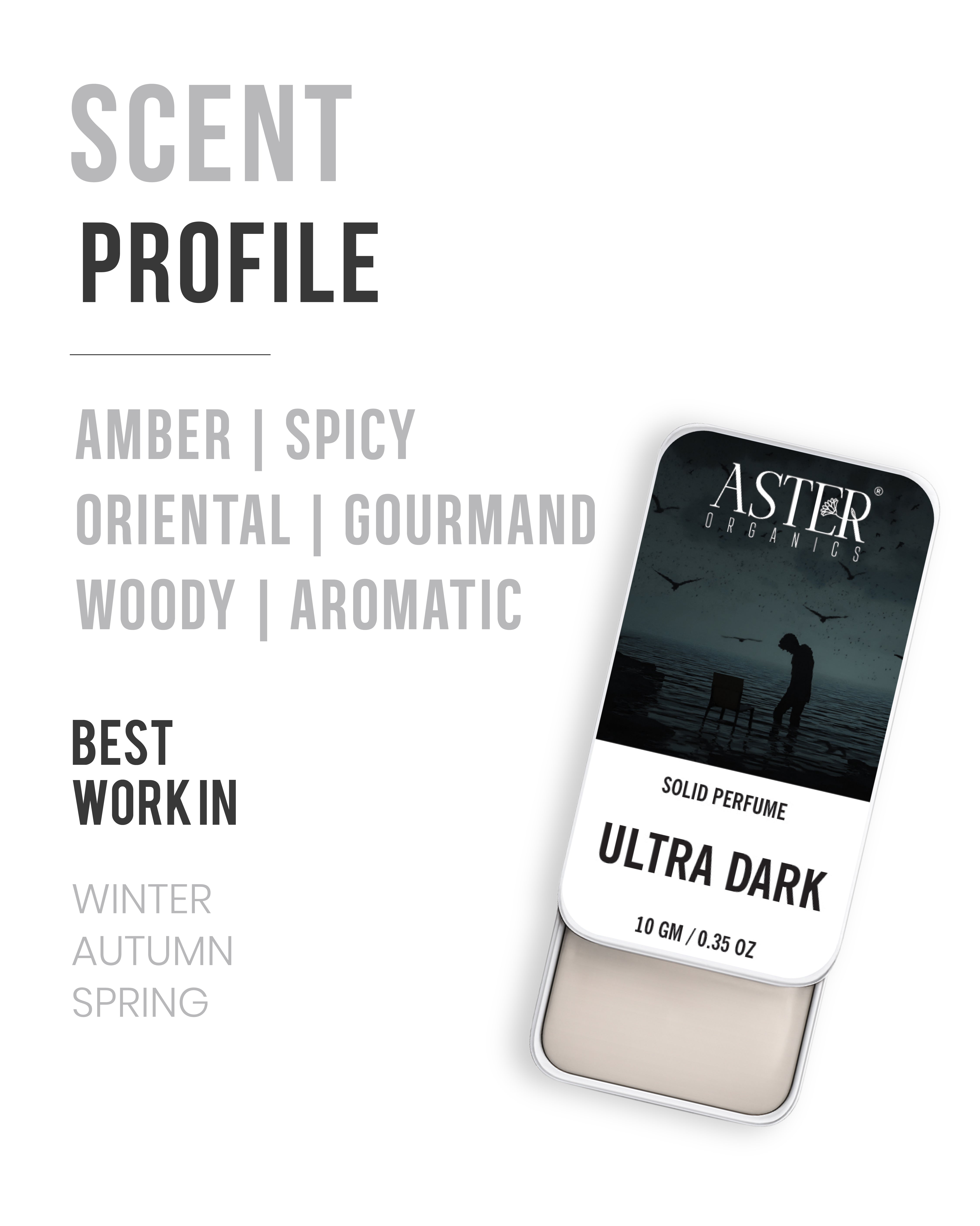 Ultra Dark solid perfume for men, dark glass jar with black label.