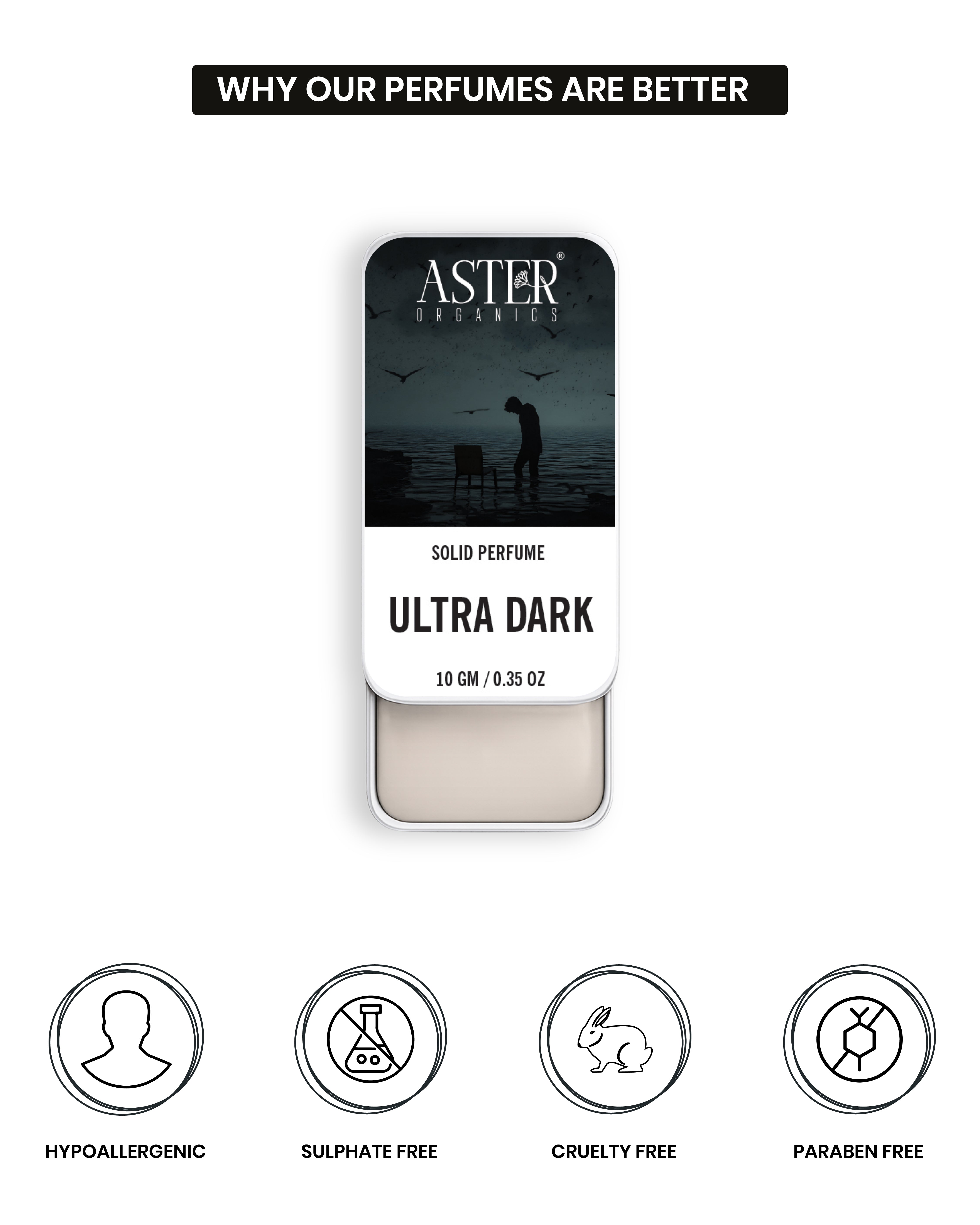 Ultra Dark Solid Perfume for Men, dark obsidian-colored solid balm in a black tin.