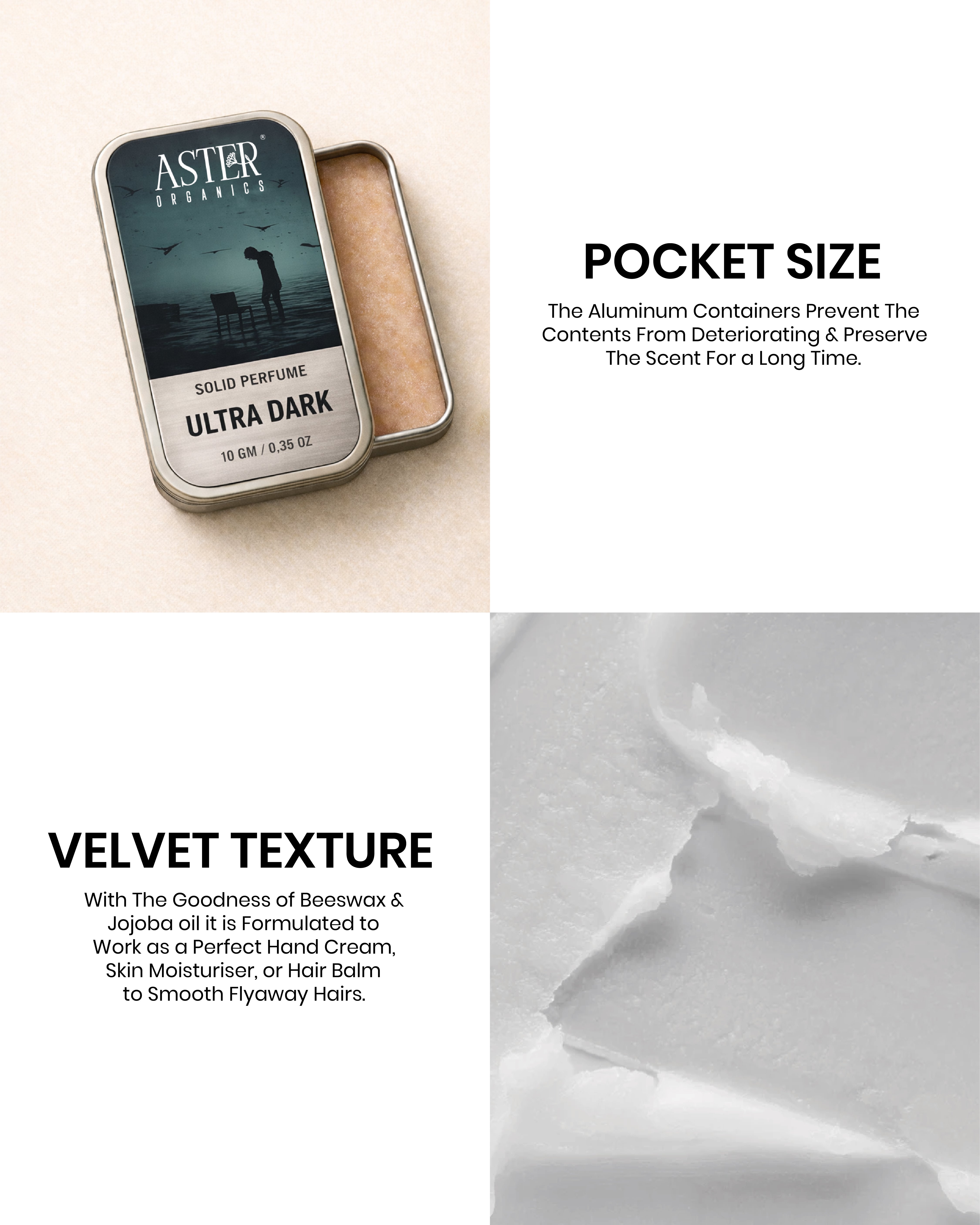 Solid perfume tin labeled 'Ultra Dark' by Astier de Villatte with text about pocket size and velvet texture.