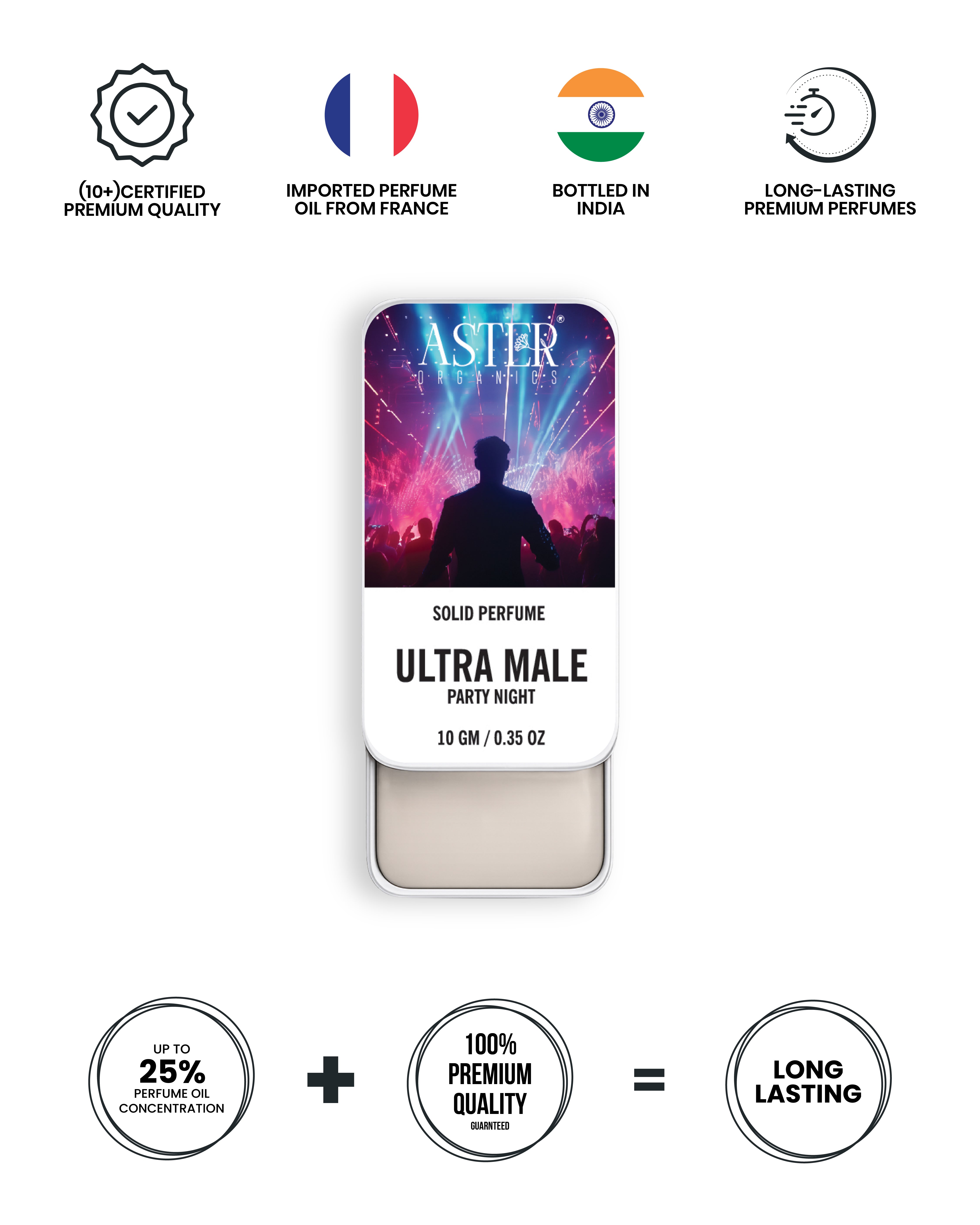 Ultra Male Party Night solid perfume for men, dark bottle with gold accents.