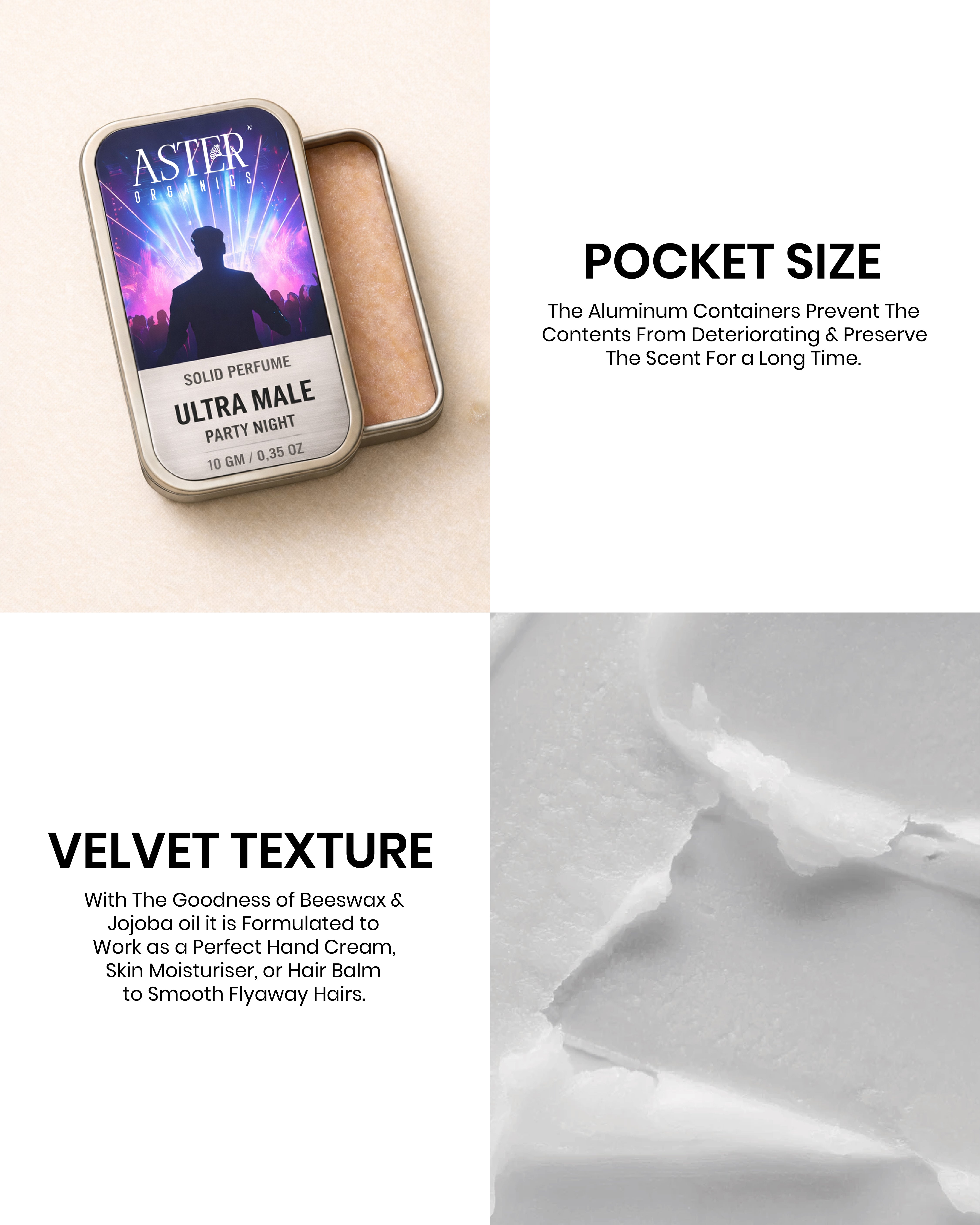 Aster solid perfume tin with velvet texture and pocket size description.